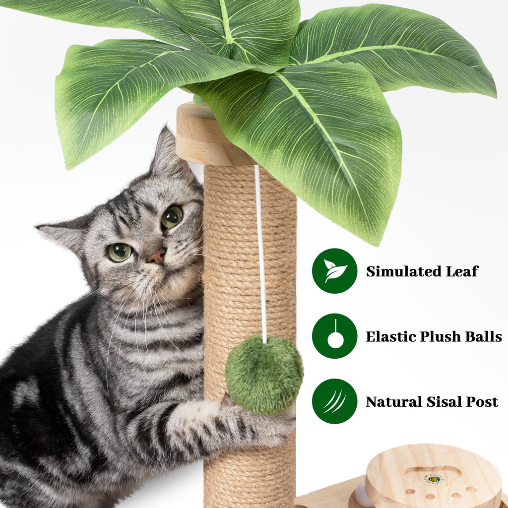 Meowoou Cat Scratching Post for Space-Saving,35” Tall Modern Monstera 3 Layer Cat Tree Tower with Sisal Rope Hanging Interactive Ball for Indoor Cats and Kitten Climbing,Play & Rest