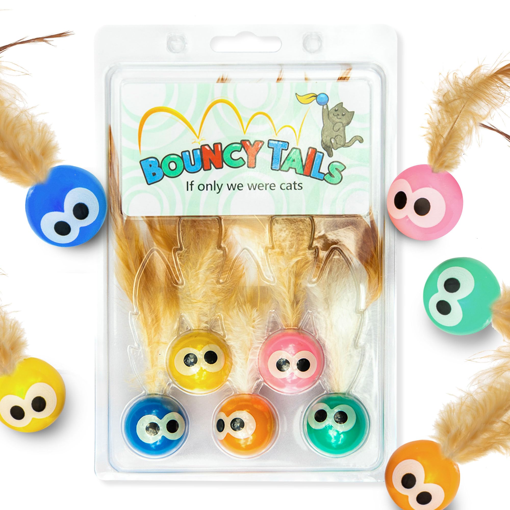 Bouncy Tails 5 Pack Interactive Bouncy Ball with Natural Feathers for Indoor Cats and Kittens who Love to Play and Have Fun.
