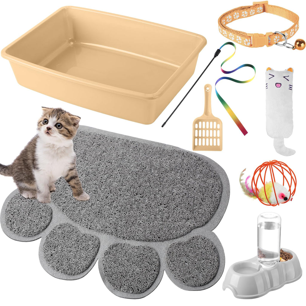 7 Pcs Small Cat Kitten Starter Kit Cat Litter Box with Shovel Paw Litter Mat Double Automatic Kitten Bowls Toy Teaser Stick Collar Essentials Kits for 1-3 Lbs Beginner(Simple,Blue)