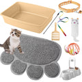7 Pcs Small Cat Kitten Starter Kit Cat Litter Box with Shovel Paw Litter Mat Double Automatic Kitten Bowls Toy Teaser Stick Collar Essentials Kits for 1-3 Lbs Beginner(Simple,Blue)