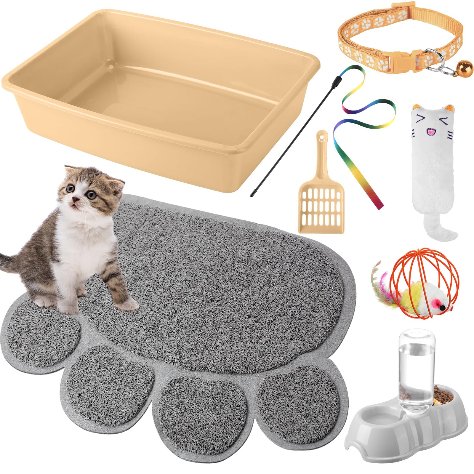 7 Pcs Small Cat Kitten Starter Kit Cat Litter Box with Shovel Paw Litter Mat Double Automatic Kitten Bowls Toy Teaser Stick Collar Essentials Kits for 1-3 Lbs Beginner(Simple,Blue)