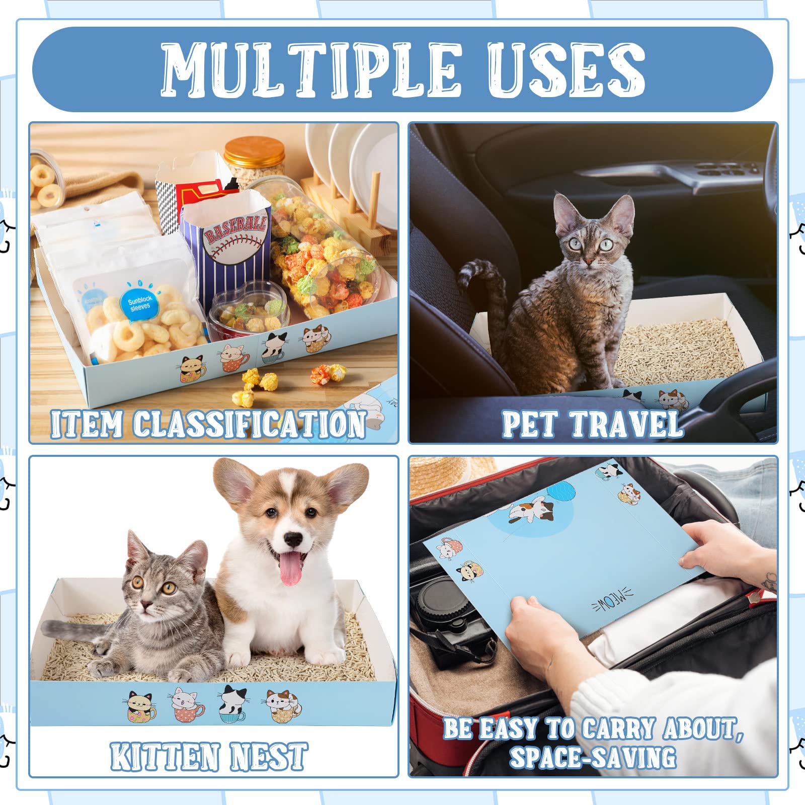 Roshtia 30 Pcs Disposable Cat Litter Box Foldable Paper Kitty Tray 13.8 x 10 x 2 Inch Portable Kitten Boxes Low Entry Waterproof Lightweight Cardboard(Meow,Blue)