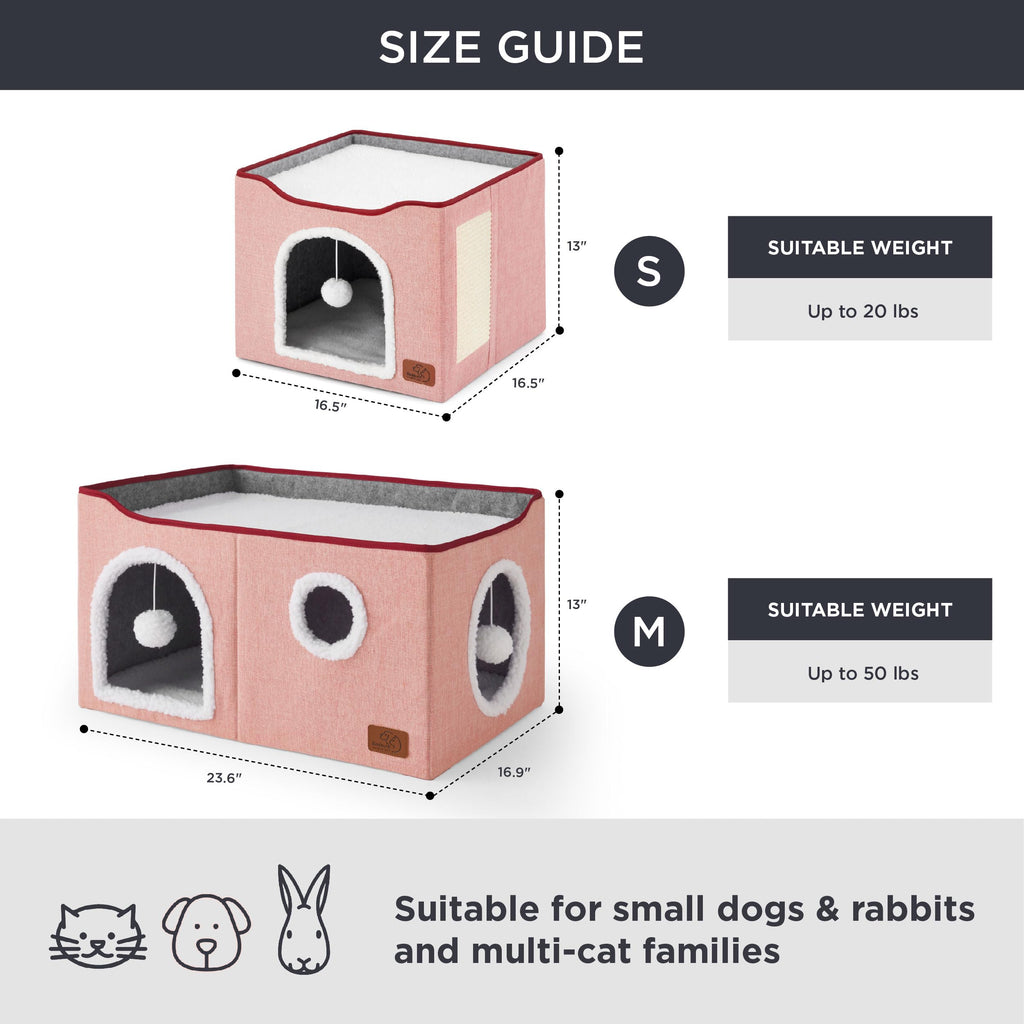 Bedsure Cat Beds for Indoor Cats - Large Cat Cave for Pet Cat House with Fluffy Ball Hanging and Scratch Pad, Foldable Cat Hideaway, 16.5x16.5x13 inches, Grey