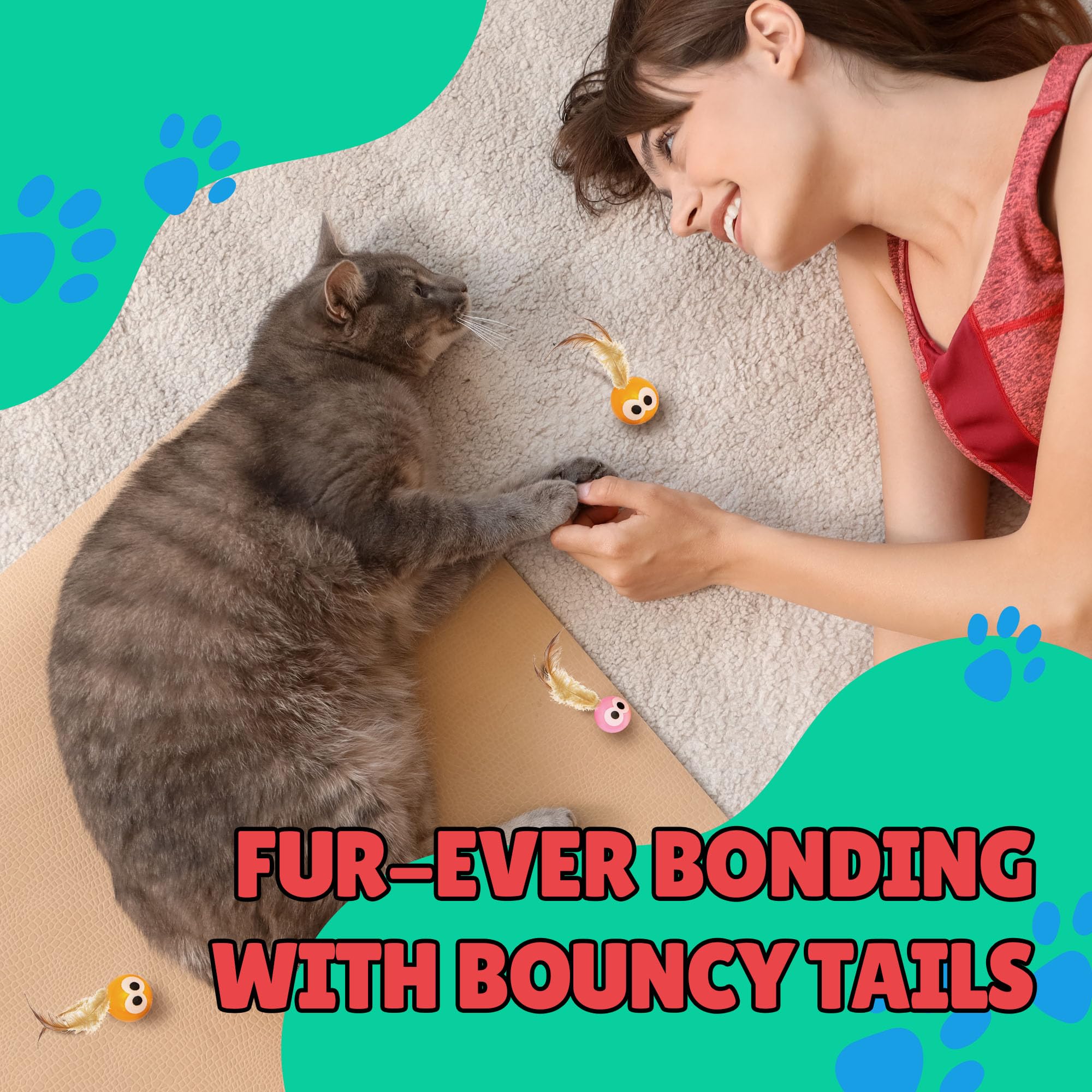 Bouncy Tails 5 Pack Interactive Bouncy Ball with Natural Feathers for Indoor Cats and Kittens who Love to Play and Have Fun.