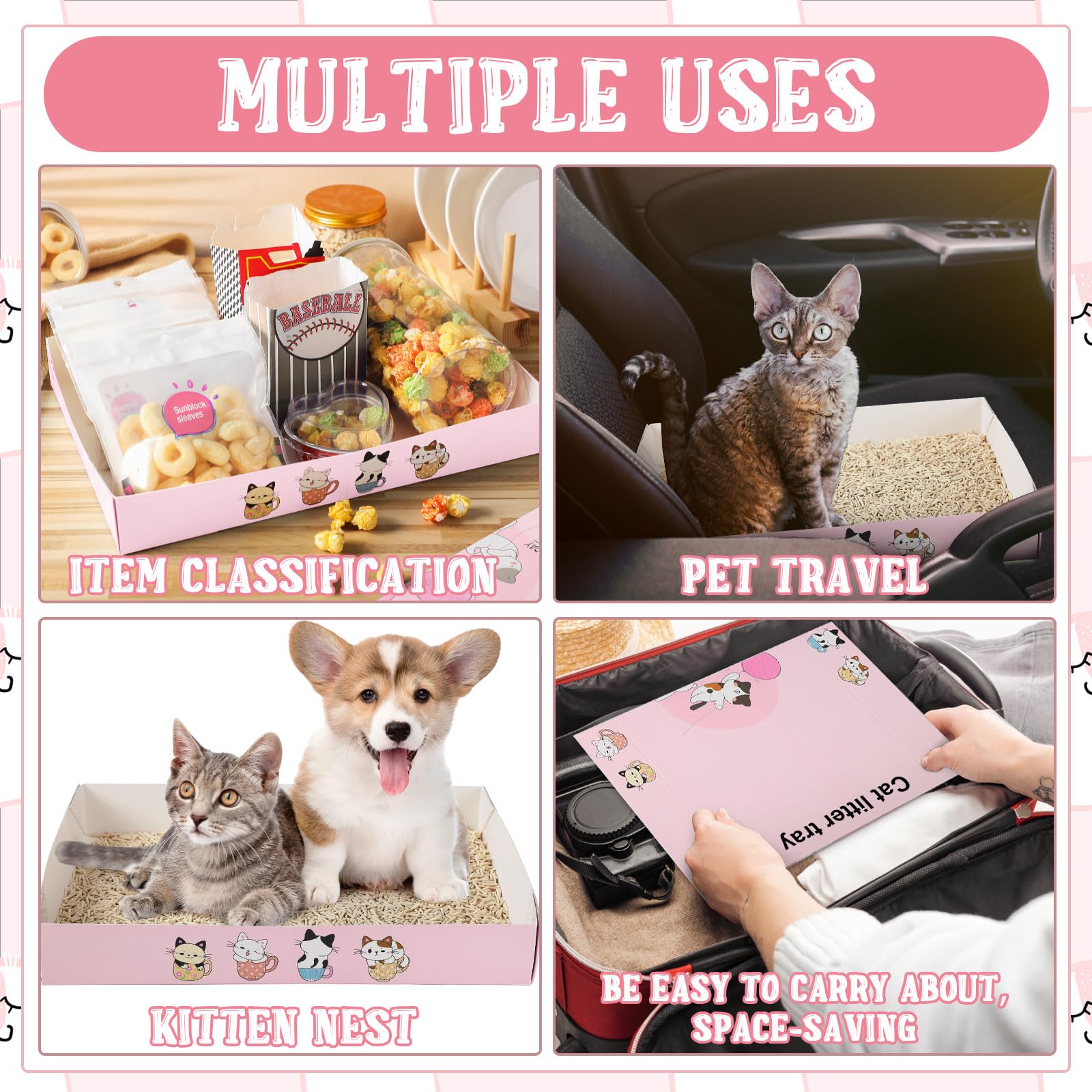 Roshtia 30 Pcs Disposable Cat Litter Box Foldable Paper Kitty Tray 13.8 x 10 x 2 Inch Portable Kitten Boxes Low Entry Waterproof Lightweight Cardboard(Meow,Blue)