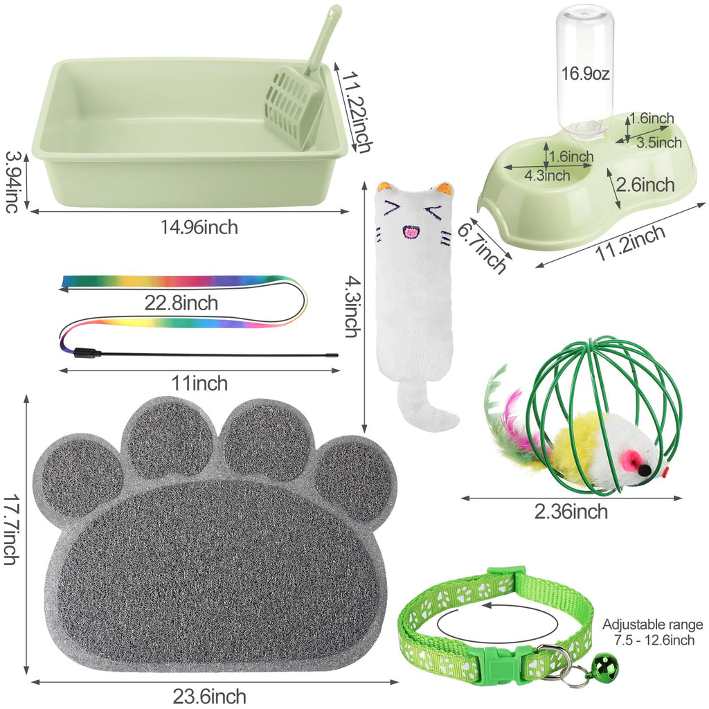 7 Pcs Small Cat Kitten Starter Kit Cat Litter Box with Shovel Paw Litter Mat Double Automatic Kitten Bowls Toy Teaser Stick Collar Essentials Kits for 1-3 Lbs Beginner(Simple,Blue)