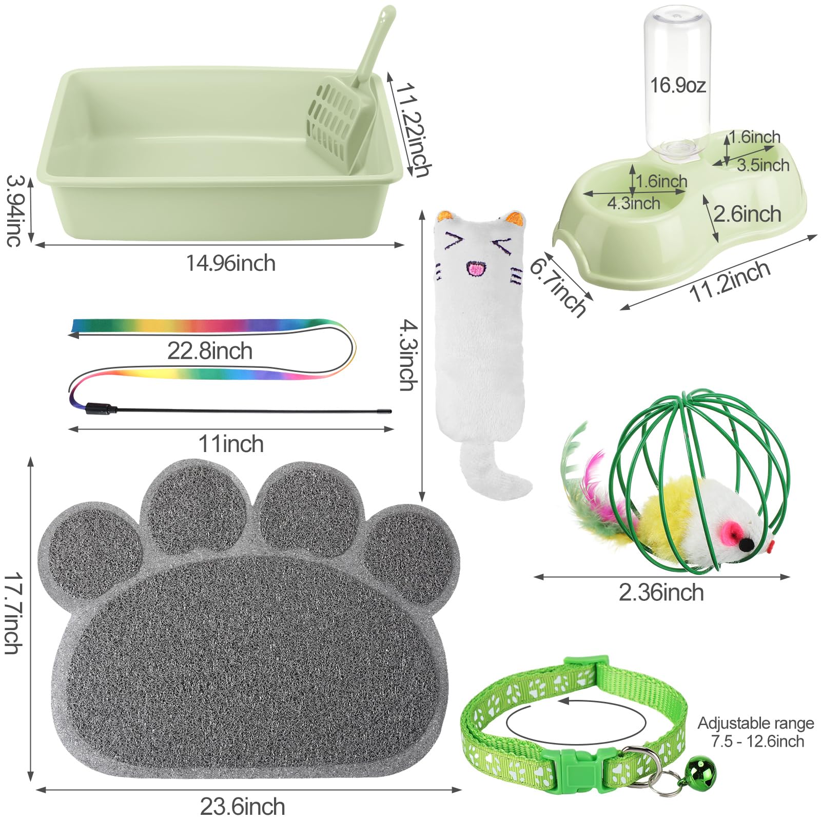 7 Pcs Small Cat Kitten Starter Kit Cat Litter Box with Shovel Paw Litter Mat Double Automatic Kitten Bowls Toy Teaser Stick Collar Essentials Kits for 1-3 Lbs Beginner(Simple,Blue)