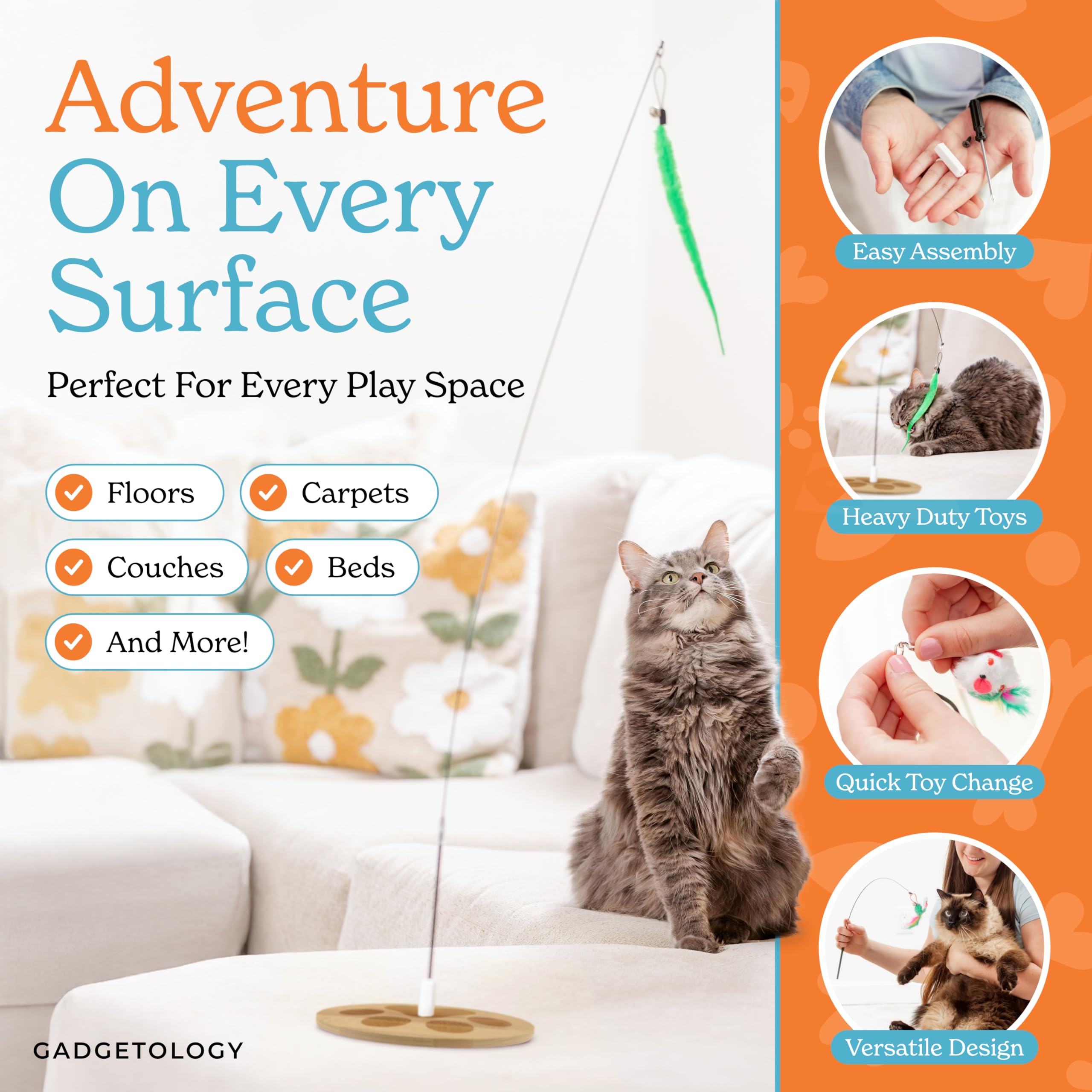 18-Piece Interactive Cat Toys for Indoor Cats -PATENTED Heavy Duty Self-Holding Floor Base & Suction Cup - Durable Feather Wand Bird Simulation Self Play Kitten Toys for Bored Adult Cats Juguete Gato