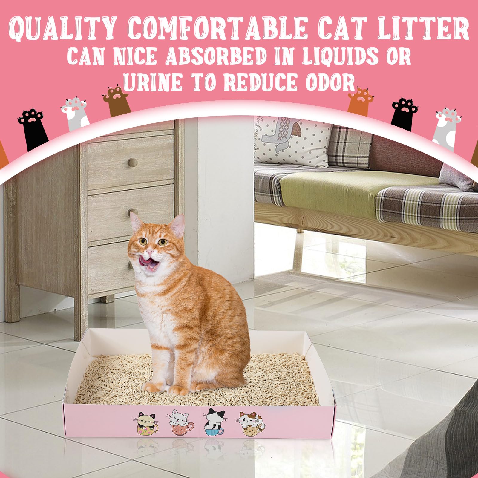 Roshtia 30 Pcs Disposable Cat Litter Box Foldable Paper Kitty Tray 13.8 x 10 x 2 Inch Portable Kitten Boxes Low Entry Waterproof Lightweight Cardboard(Meow,Blue)