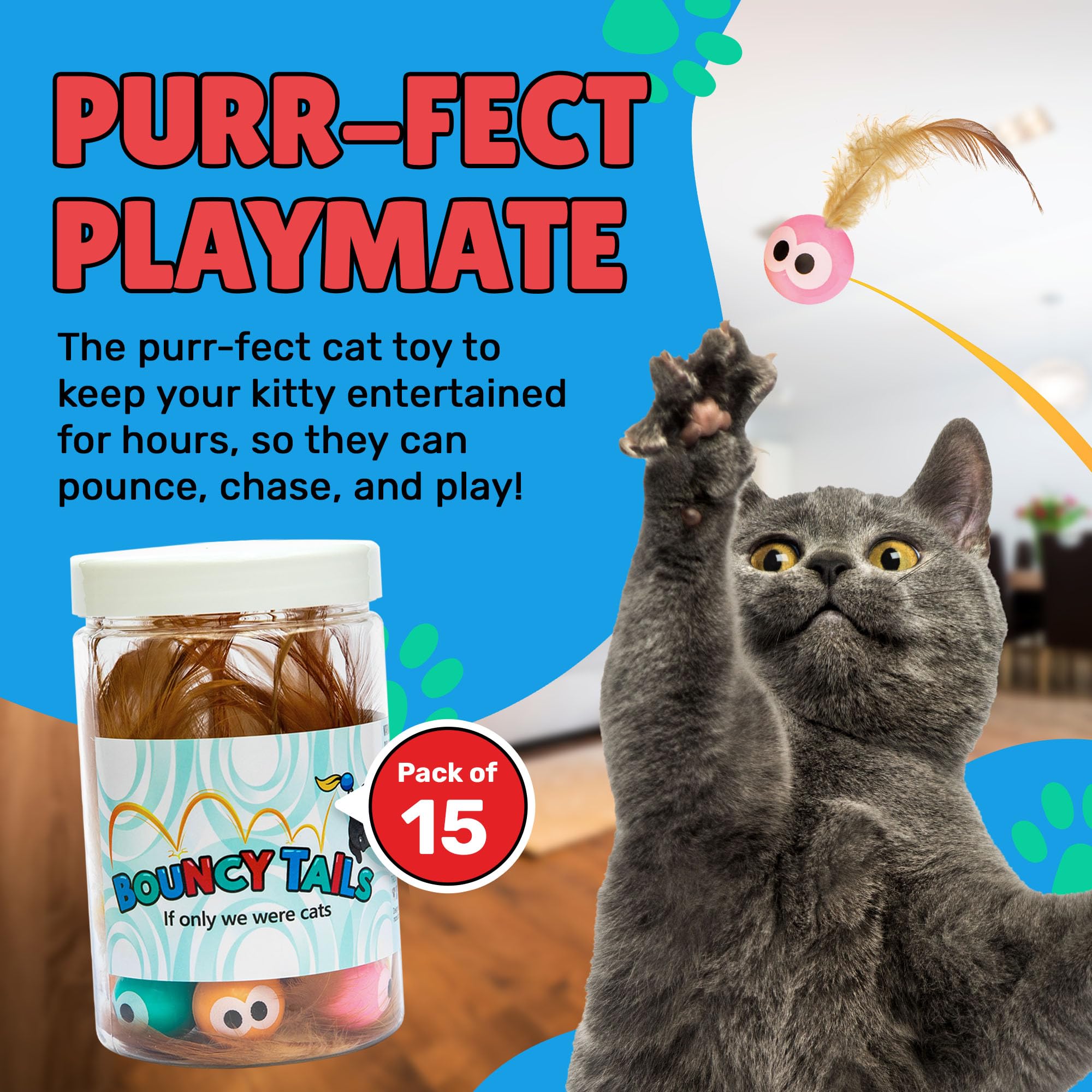 Bouncy Tails 5 Pack Interactive Bouncy Ball with Natural Feathers for Indoor Cats and Kittens who Love to Play and Have Fun.