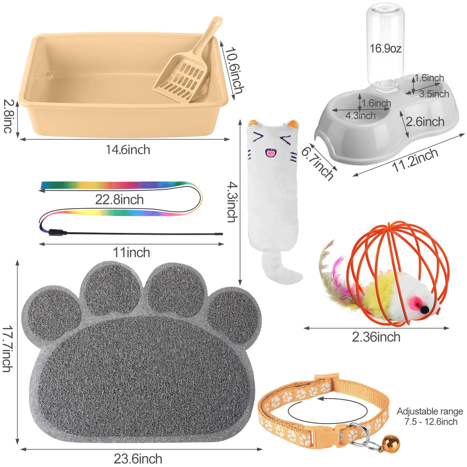 7 Pcs Small Cat Kitten Starter Kit Cat Litter Box with Shovel Paw Litter Mat Double Automatic Kitten Bowls Toy Teaser Stick Collar Essentials Kits for 1-3 Lbs Beginner(Simple,Blue)