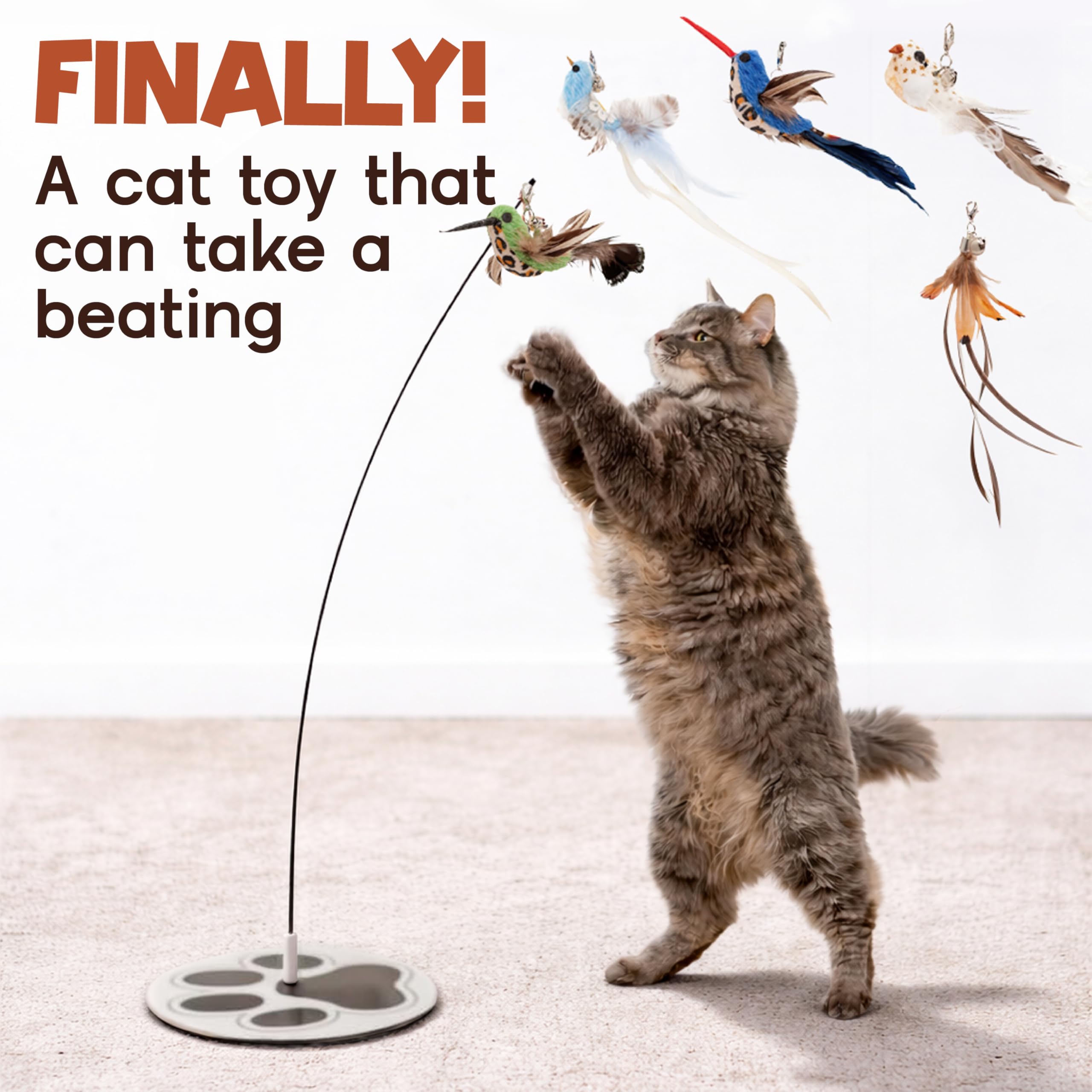 18-Piece Interactive Cat Toys for Indoor Cats -PATENTED Heavy Duty Self-Holding Floor Base & Suction Cup - Durable Feather Wand Bird Simulation Self Play Kitten Toys for Bored Adult Cats Juguete Gato