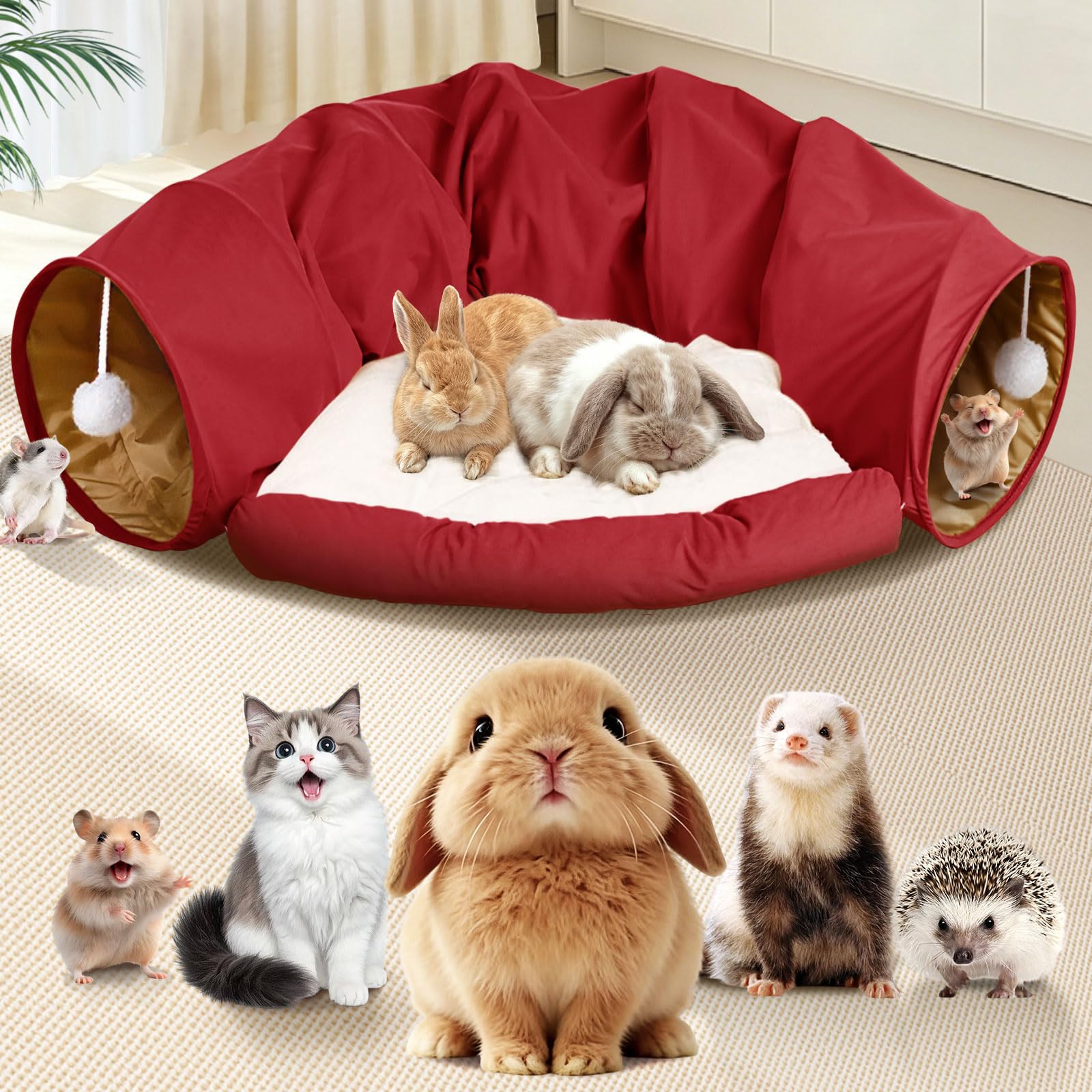 Spardar Bunny Tunnel Bed, 2-in-1 Collapsible Tunnel Tubes Toys, Washable, with Removable Mat Hideout, Interactive Toys for Rabbits Chinchilla Hedgehog Guinea Pigs Kitty, Matcha Green