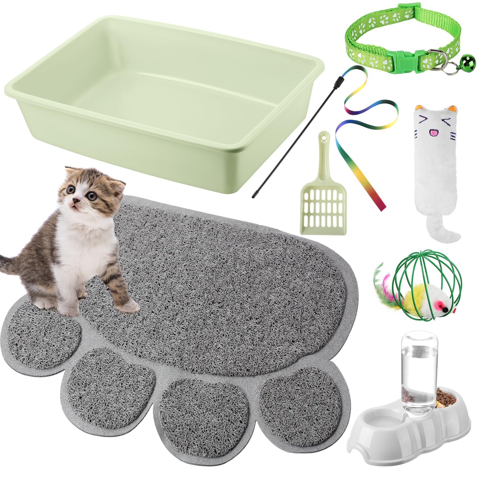 7 Pcs Small Cat Kitten Starter Kit Cat Litter Box with Shovel Paw Litter Mat Double Automatic Kitten Bowls Toy Teaser Stick Collar Essentials Kits for 1-3 Lbs Beginner(Simple,Blue)