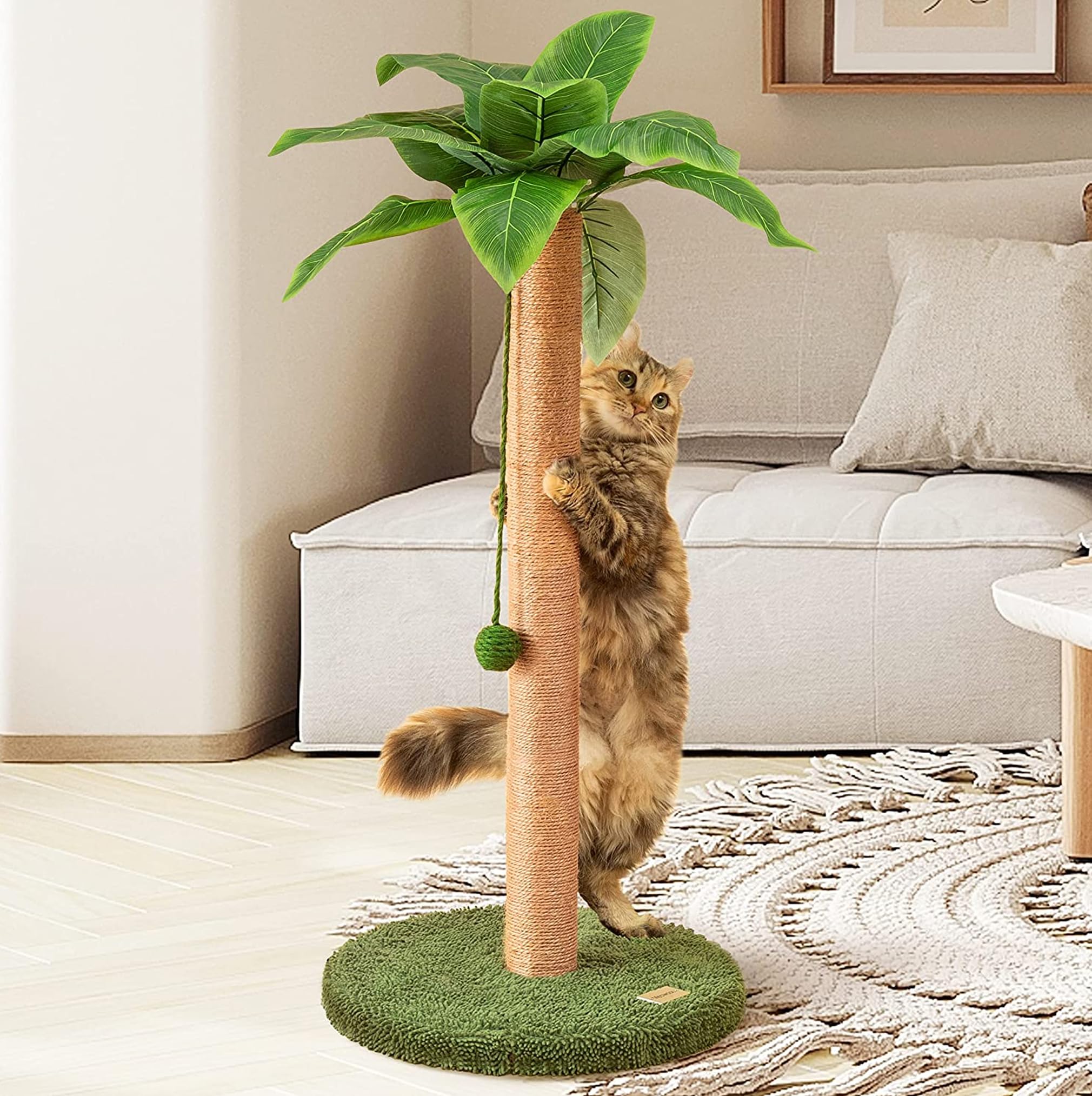 Meowoou Cat Scratching Post for Space-Saving,35” Tall Modern Monstera 3 Layer Cat Tree Tower with Sisal Rope Hanging Interactive Ball for Indoor Cats and Kitten Climbing,Play & Rest