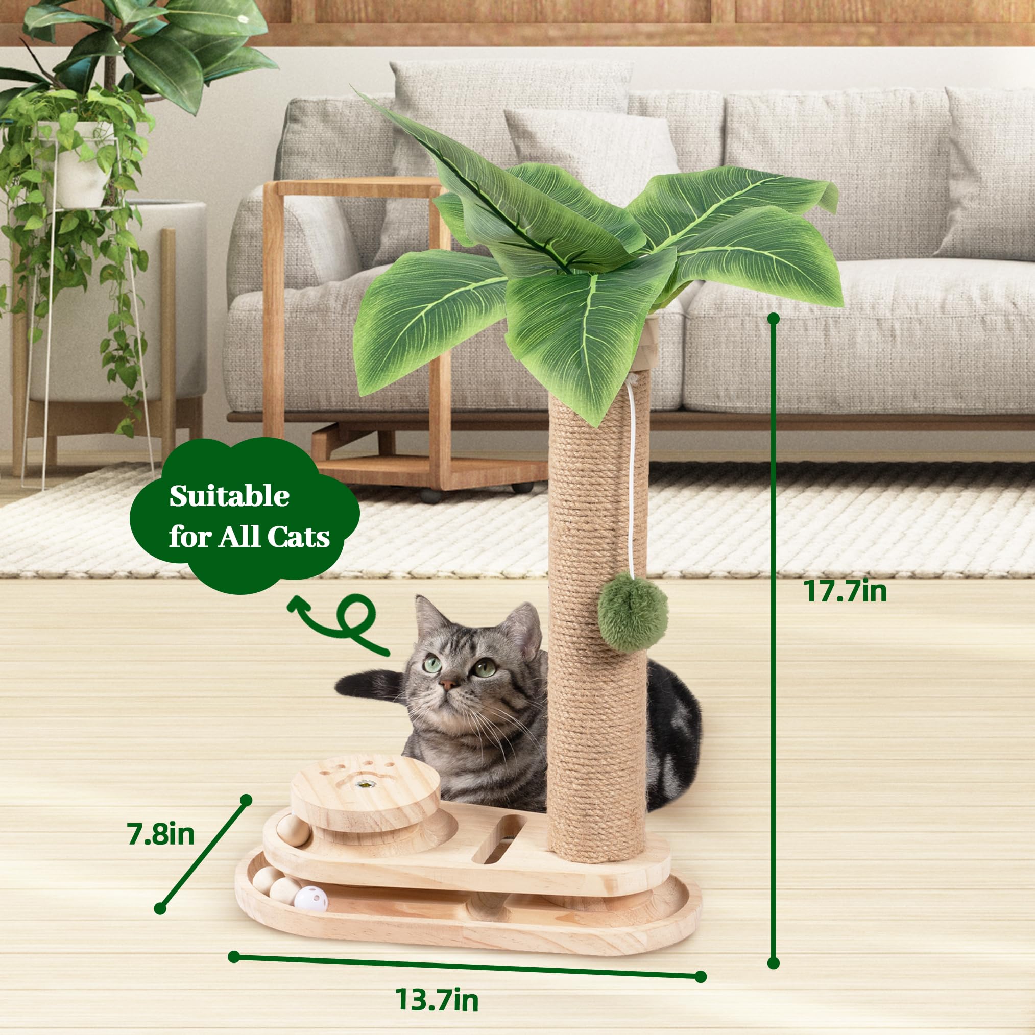 Meowoou Cat Scratching Post for Space-Saving,35” Tall Modern Monstera 3 Layer Cat Tree Tower with Sisal Rope Hanging Interactive Ball for Indoor Cats and Kitten Climbing,Play & Rest