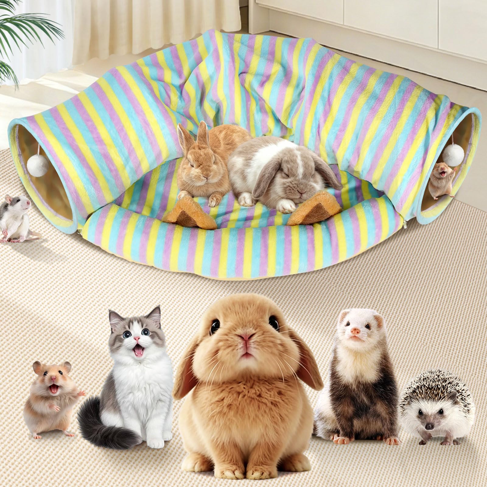 Spardar Bunny Tunnel Bed, 2-in-1 Collapsible Tunnel Tubes Toys, Washable, with Removable Mat Hideout, Interactive Toys for Rabbits Chinchilla Hedgehog Guinea Pigs Kitty, Matcha Green