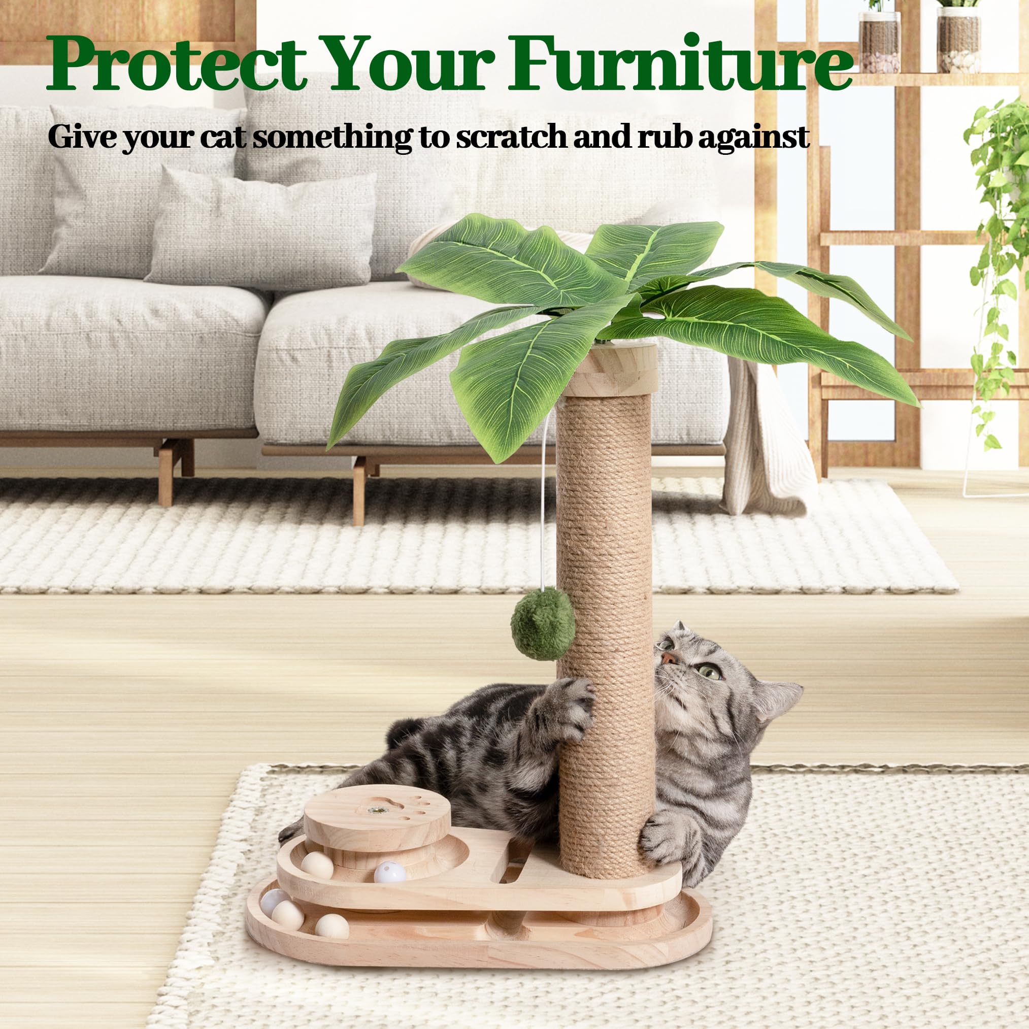 Meowoou Cat Scratching Post for Space-Saving,35” Tall Modern Monstera 3 Layer Cat Tree Tower with Sisal Rope Hanging Interactive Ball for Indoor Cats and Kitten Climbing,Play & Rest