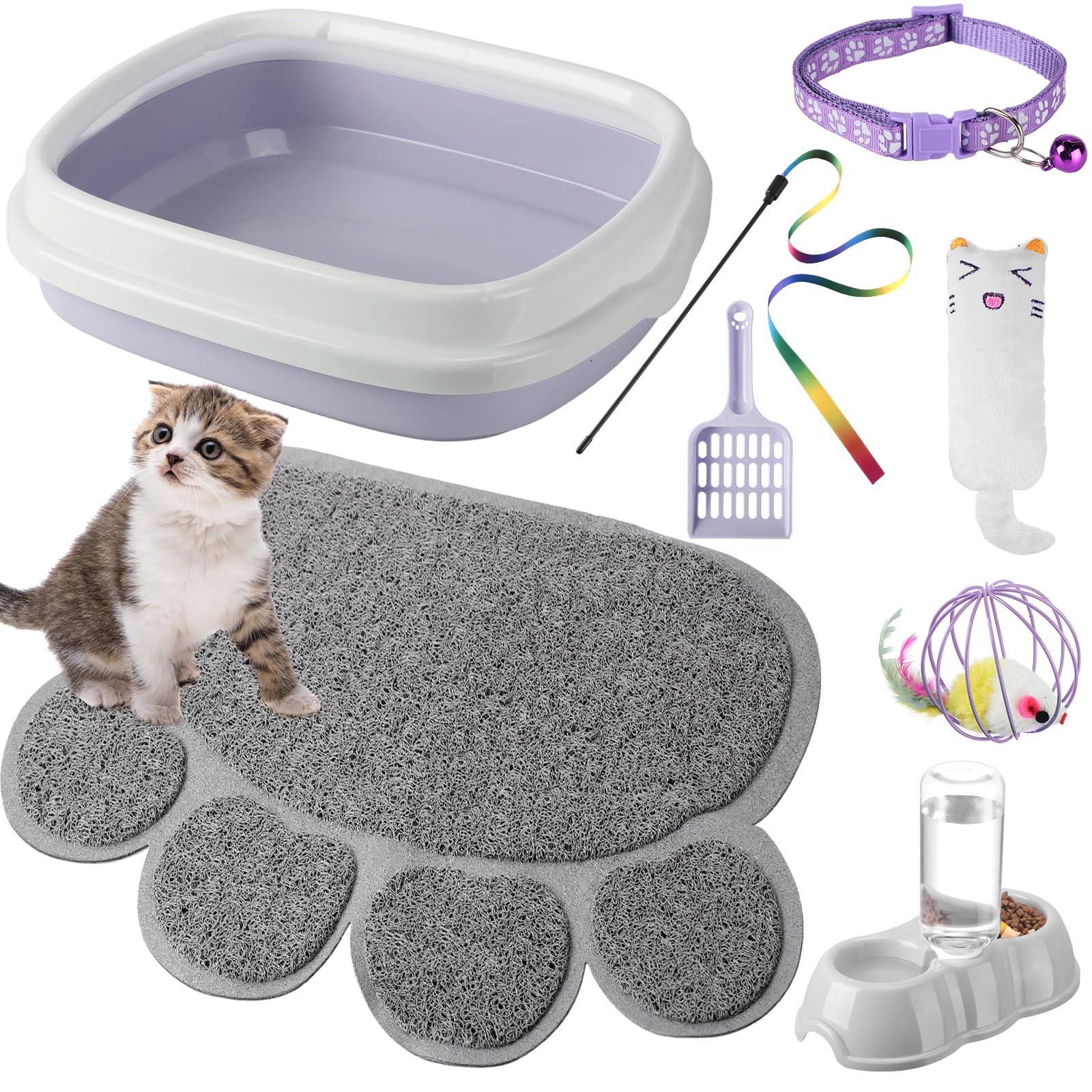 7 Pcs Small Cat Kitten Starter Kit Cat Litter Box with Shovel Paw Litter Mat Double Automatic Kitten Bowls Toy Teaser Stick Collar Essentials Kits for 1-3 Lbs Beginner(Simple,Blue)