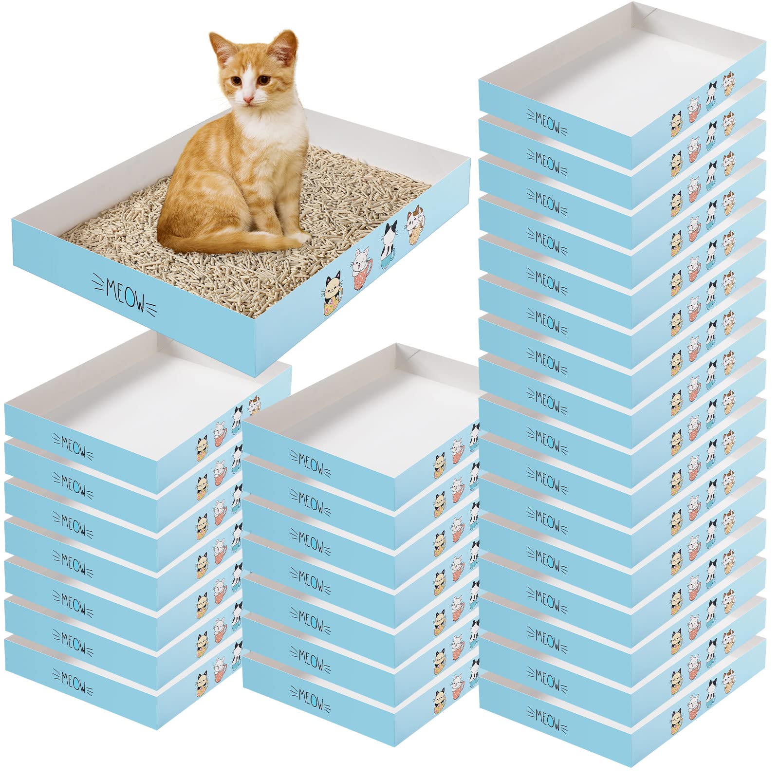 Roshtia 30 Pcs Disposable Cat Litter Box Foldable Paper Kitty Tray 13.8 x 10 x 2 Inch Portable Kitten Boxes Low Entry Waterproof Lightweight Cardboard(Meow,Blue)