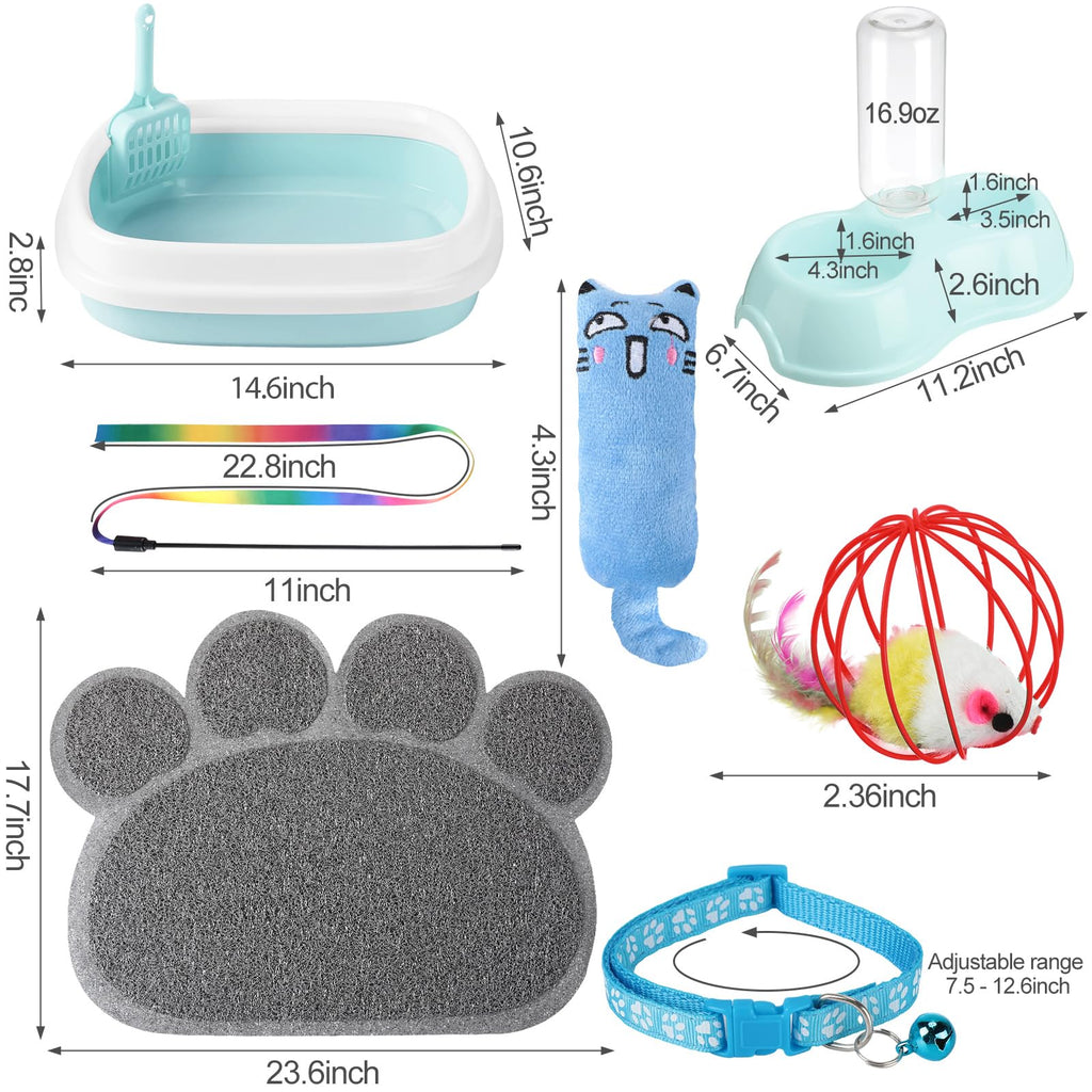 7 Pcs Small Cat Kitten Starter Kit Cat Litter Box with Shovel Paw Litter Mat Double Automatic Kitten Bowls Toy Teaser Stick Collar Essentials Kits for 1-3 Lbs Beginner(Simple,Blue)