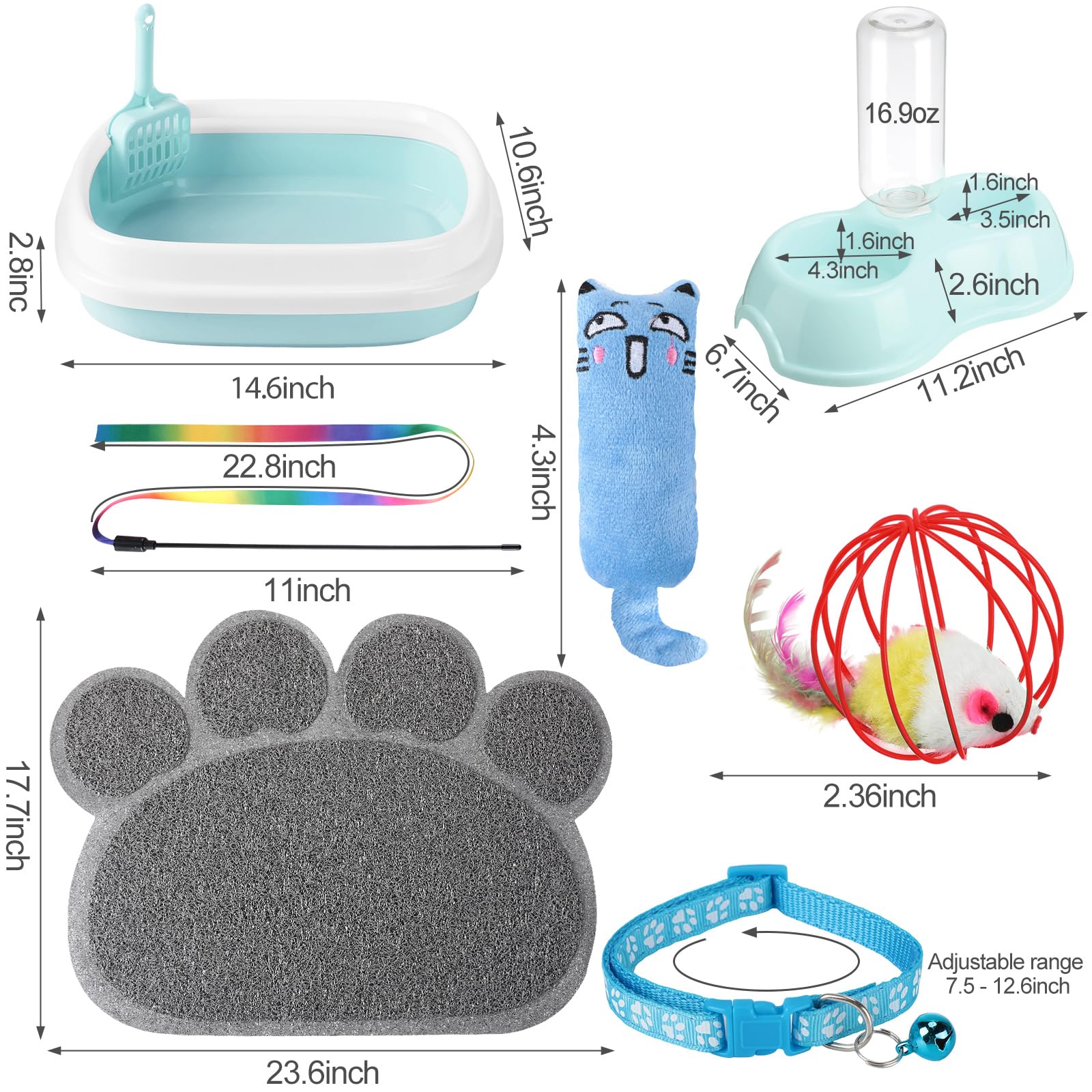 7 Pcs Small Cat Kitten Starter Kit Cat Litter Box with Shovel Paw Litter Mat Double Automatic Kitten Bowls Toy Teaser Stick Collar Essentials Kits for 1-3 Lbs Beginner(Simple,Blue)