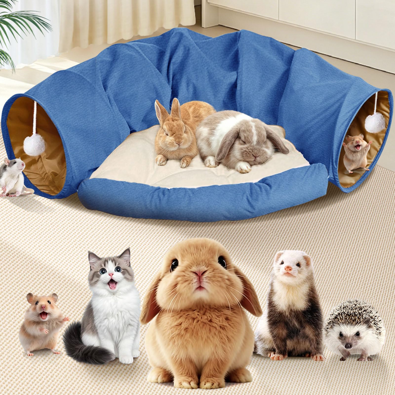 Spardar Bunny Tunnel Bed, 2-in-1 Collapsible Tunnel Tubes Toys, Washable, with Removable Mat Hideout, Interactive Toys for Rabbits Chinchilla Hedgehog Guinea Pigs Kitty, Matcha Green
