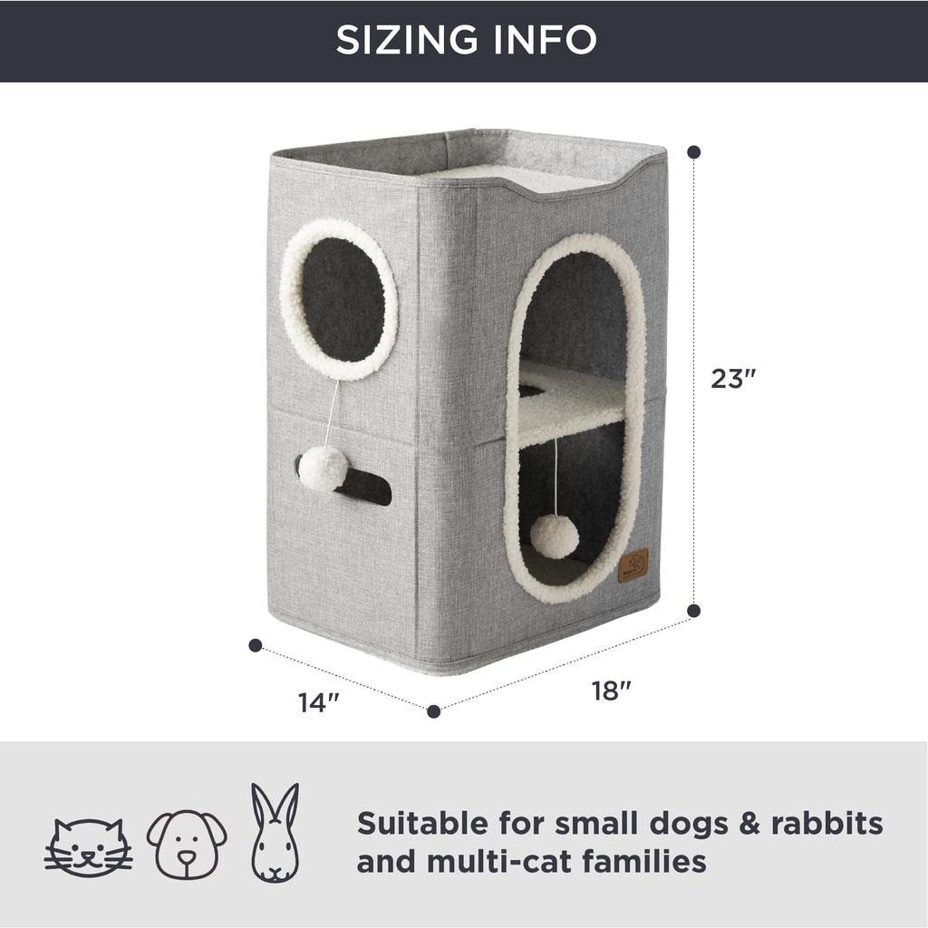 Bedsure Cat Beds for Indoor Cats - Large Cat Cave for Pet Cat House with Fluffy Ball Hanging and Scratch Pad, Foldable Cat Hideaway, 16.5x16.5x13 inches, Grey