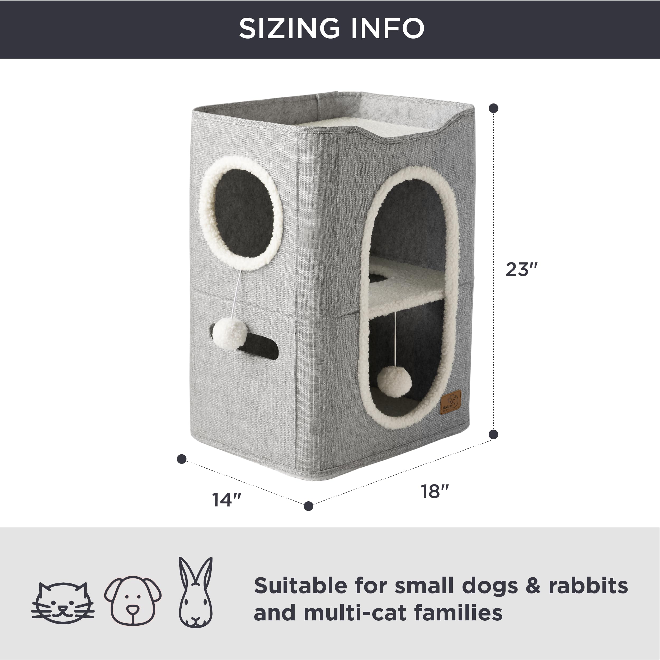 Bedsure Cat Beds for Indoor Cats - Large Cat Cave for Pet Cat House with Fluffy Ball Hanging and Scratch Pad, Foldable Cat Hideaway, 16.5x16.5x13 inches, Grey
