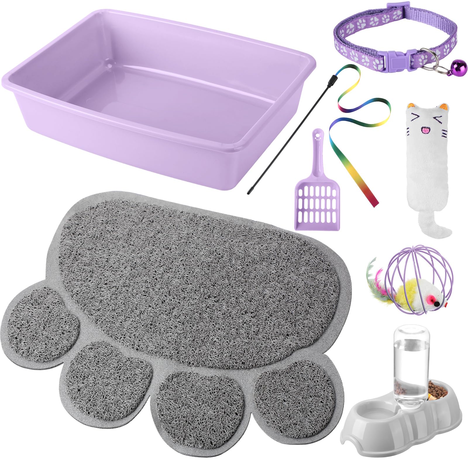 7 Pcs Small Cat Kitten Starter Kit Cat Litter Box with Shovel Paw Litter Mat Double Automatic Kitten Bowls Toy Teaser Stick Collar Essentials Kits for 1-3 Lbs Beginner(Simple,Blue)