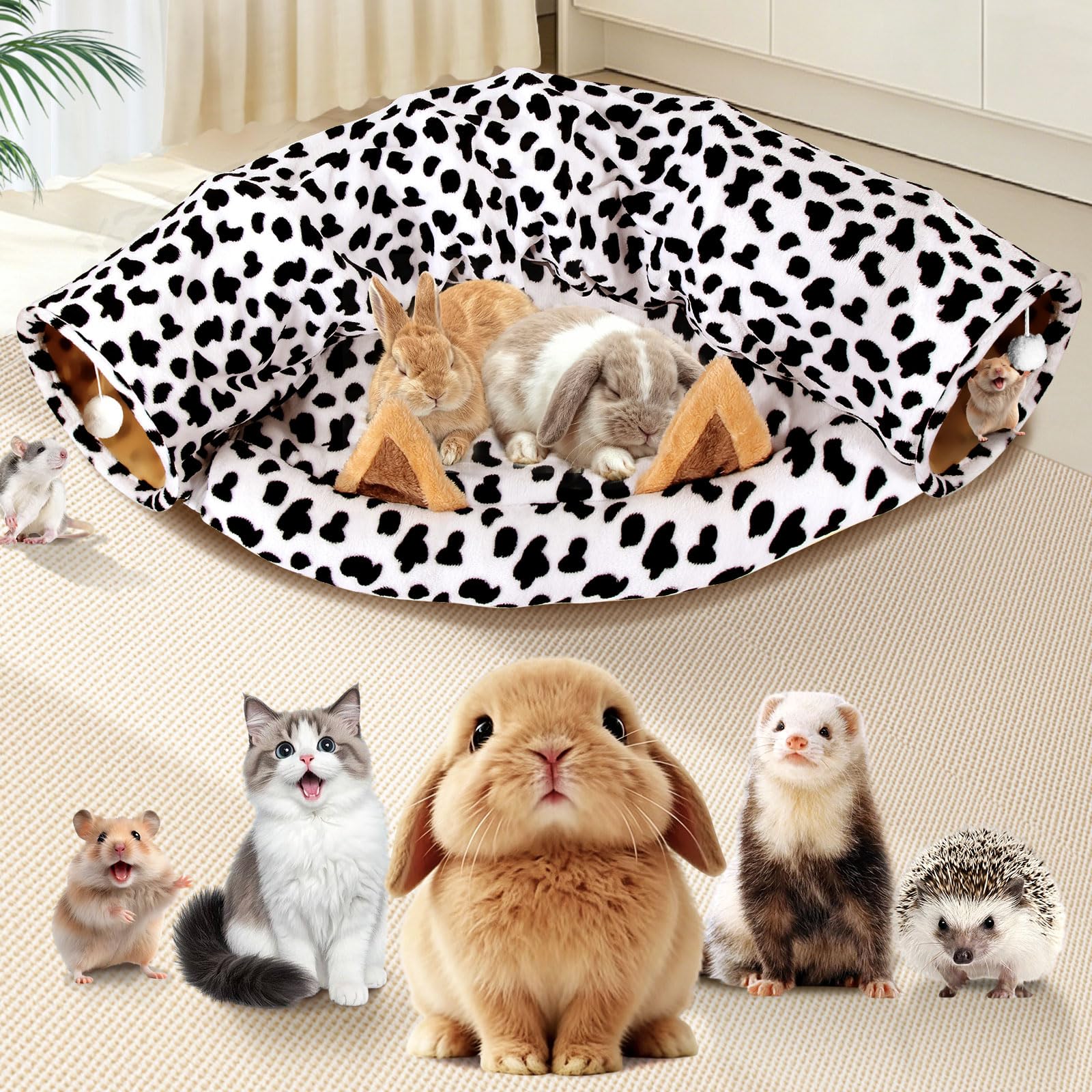 Spardar Bunny Tunnel Bed, 2-in-1 Collapsible Tunnel Tubes Toys, Washable, with Removable Mat Hideout, Interactive Toys for Rabbits Chinchilla Hedgehog Guinea Pigs Kitty, Matcha Green