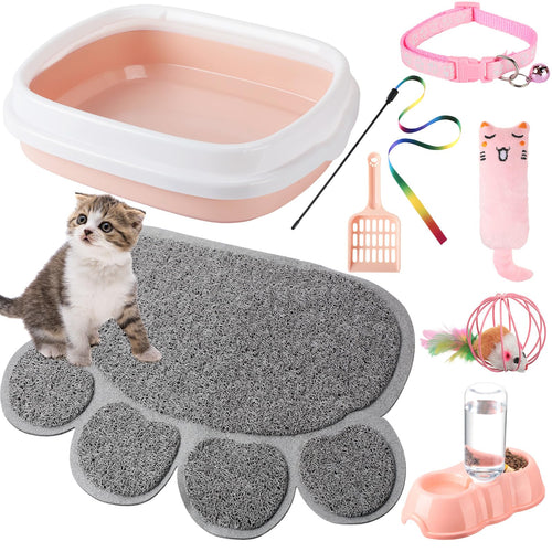 7 Pcs Small Cat Kitten Starter Kit Cat Litter Box with Shovel Paw Litter Mat Double Automatic Kitten Bowls Toy Teaser Stick Collar Essentials Kits for 1-3 Lbs Beginner(Simple,Blue)