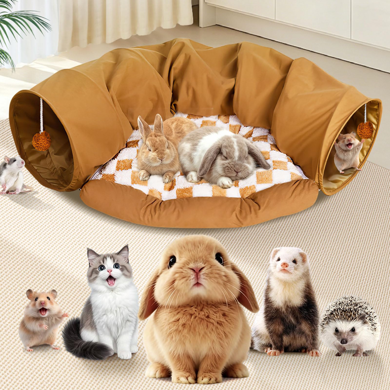 Spardar Bunny Tunnel Bed, 2-in-1 Collapsible Tunnel Tubes Toys, Washable, with Removable Mat Hideout, Interactive Toys for Rabbits Chinchilla Hedgehog Guinea Pigs Kitty, Matcha Green