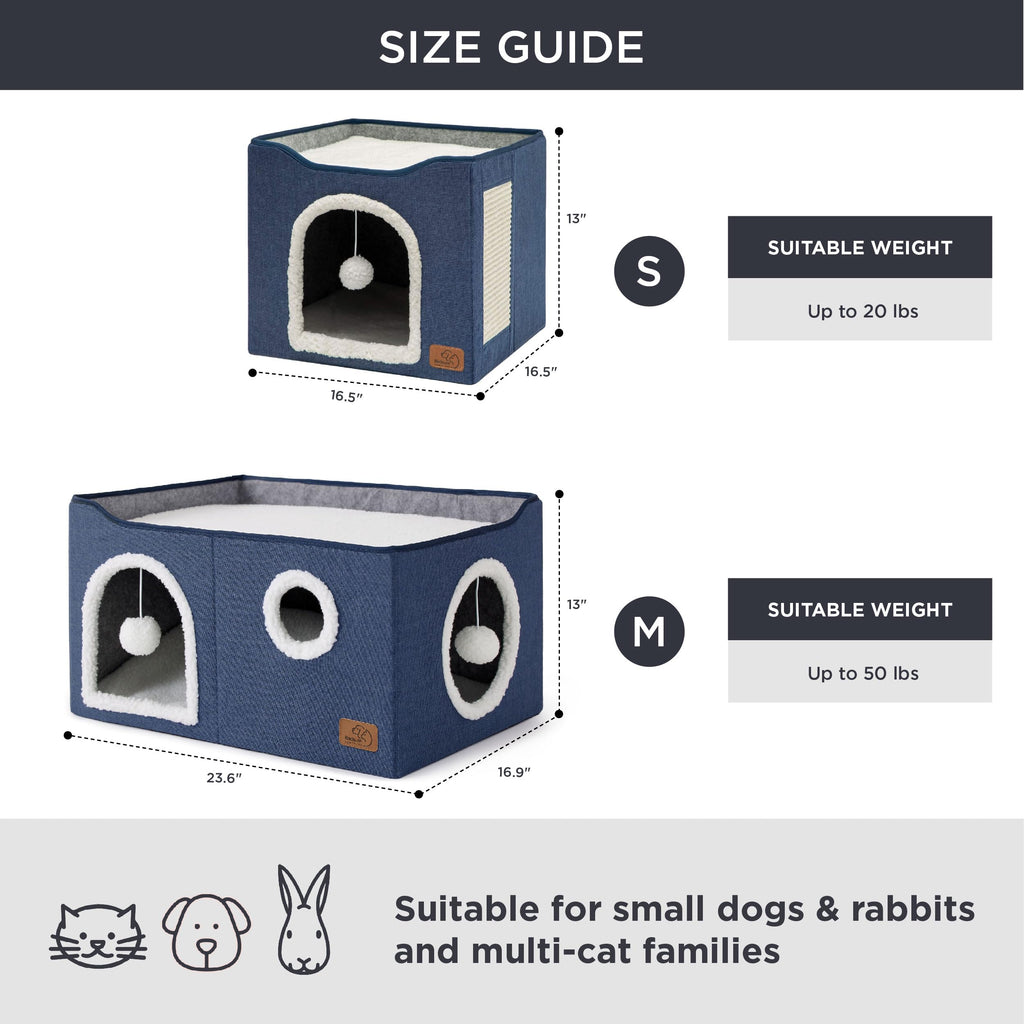Bedsure Cat Beds for Indoor Cats - Large Cat Cave for Pet Cat House with Fluffy Ball Hanging and Scratch Pad, Foldable Cat Hideaway, 16.5x16.5x13 inches, Grey
