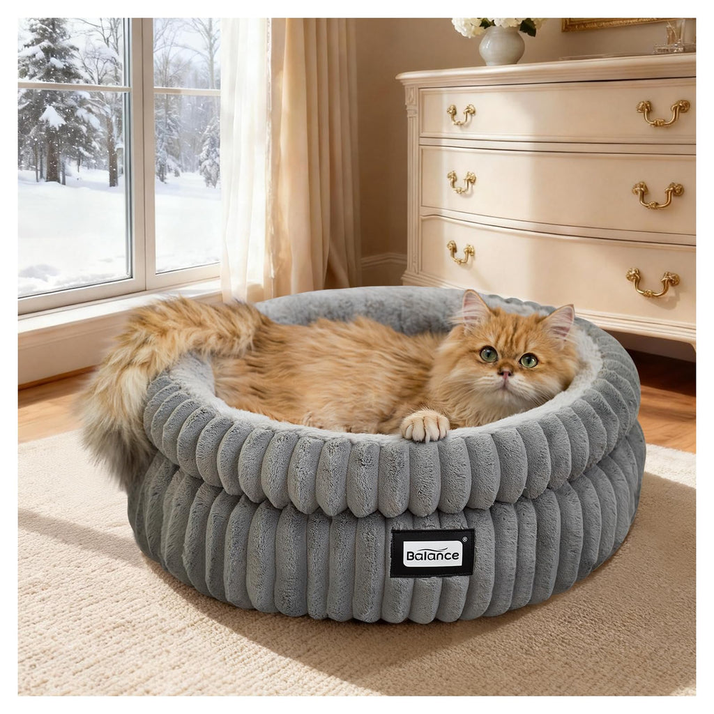 BALANCE Cat Bed Kitten Bed, Washable Round Cat Beds for Indoor Cats,Super Soft Plush Faux Fur Pet Bed for Puppy and Kitten with Anti-Slip Bottom