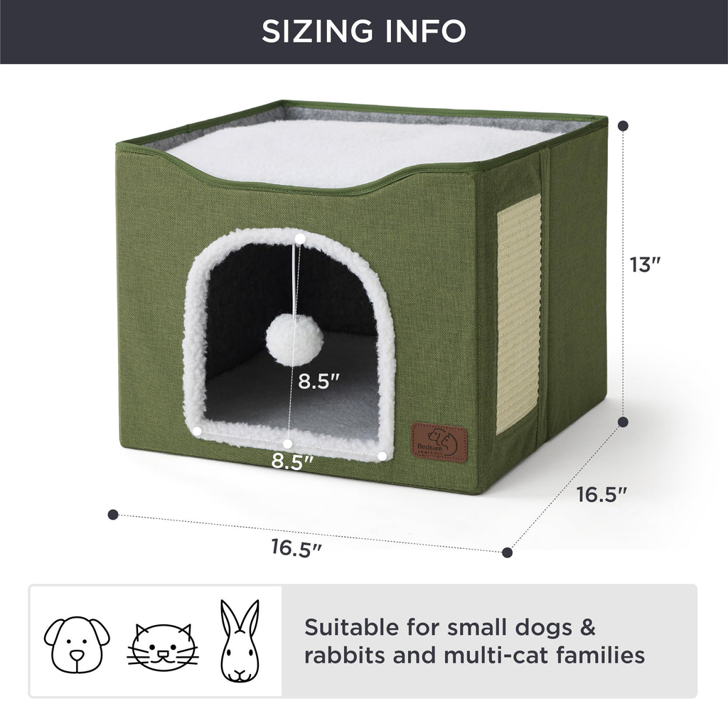 Bedsure Cat Beds for Indoor Cats - Large Cat Cave for Pet Cat House with Fluffy Ball Hanging and Scratch Pad, Foldable Cat Hideaway, 16.5x16.5x13 inches, Grey