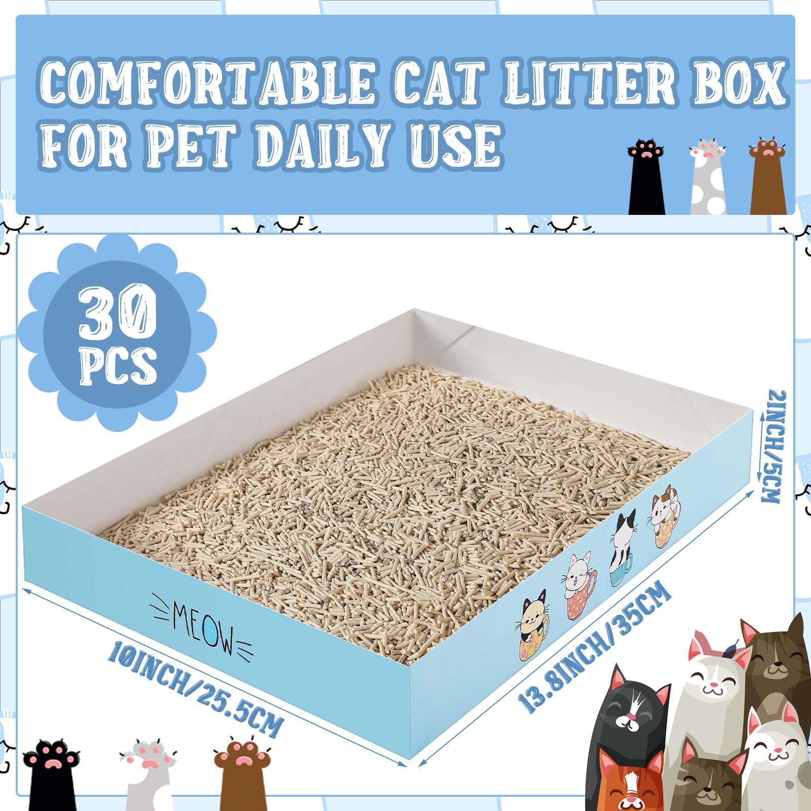 Roshtia 30 Pcs Disposable Cat Litter Box Foldable Paper Kitty Tray 13.8 x 10 x 2 Inch Portable Kitten Boxes Low Entry Waterproof Lightweight Cardboard(Meow,Blue)