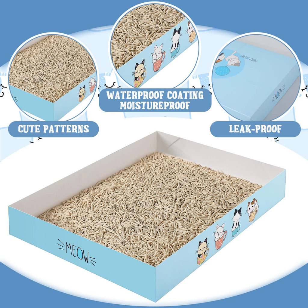 Roshtia 30 Pcs Disposable Cat Litter Box Foldable Paper Kitty Tray 13.8 x 10 x 2 Inch Portable Kitten Boxes Low Entry Waterproof Lightweight Cardboard(Meow,Blue)