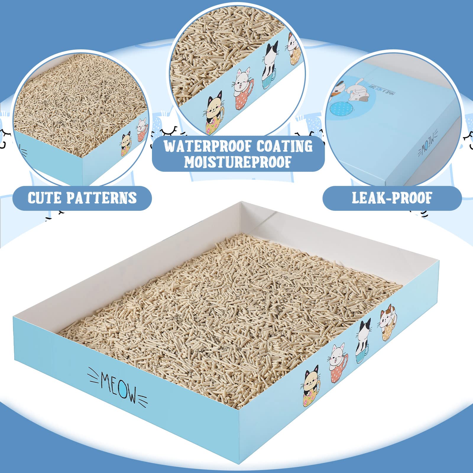 Roshtia 30 Pcs Disposable Cat Litter Box Foldable Paper Kitty Tray 13.8 x 10 x 2 Inch Portable Kitten Boxes Low Entry Waterproof Lightweight Cardboard(Meow,Blue)