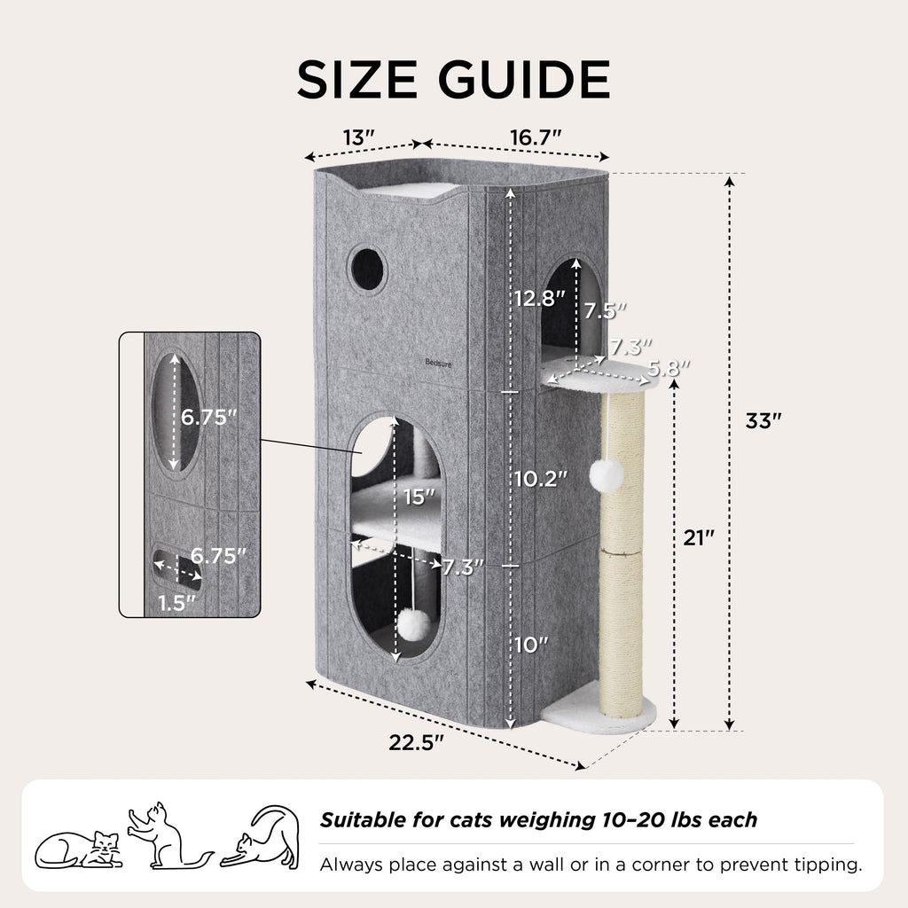 Bedsure Cat Beds for Indoor Cats - Large Cat Cave for Pet Cat House with Fluffy Ball Hanging and Scratch Pad, Foldable Cat Hideaway, 16.5x16.5x13 inches, Grey