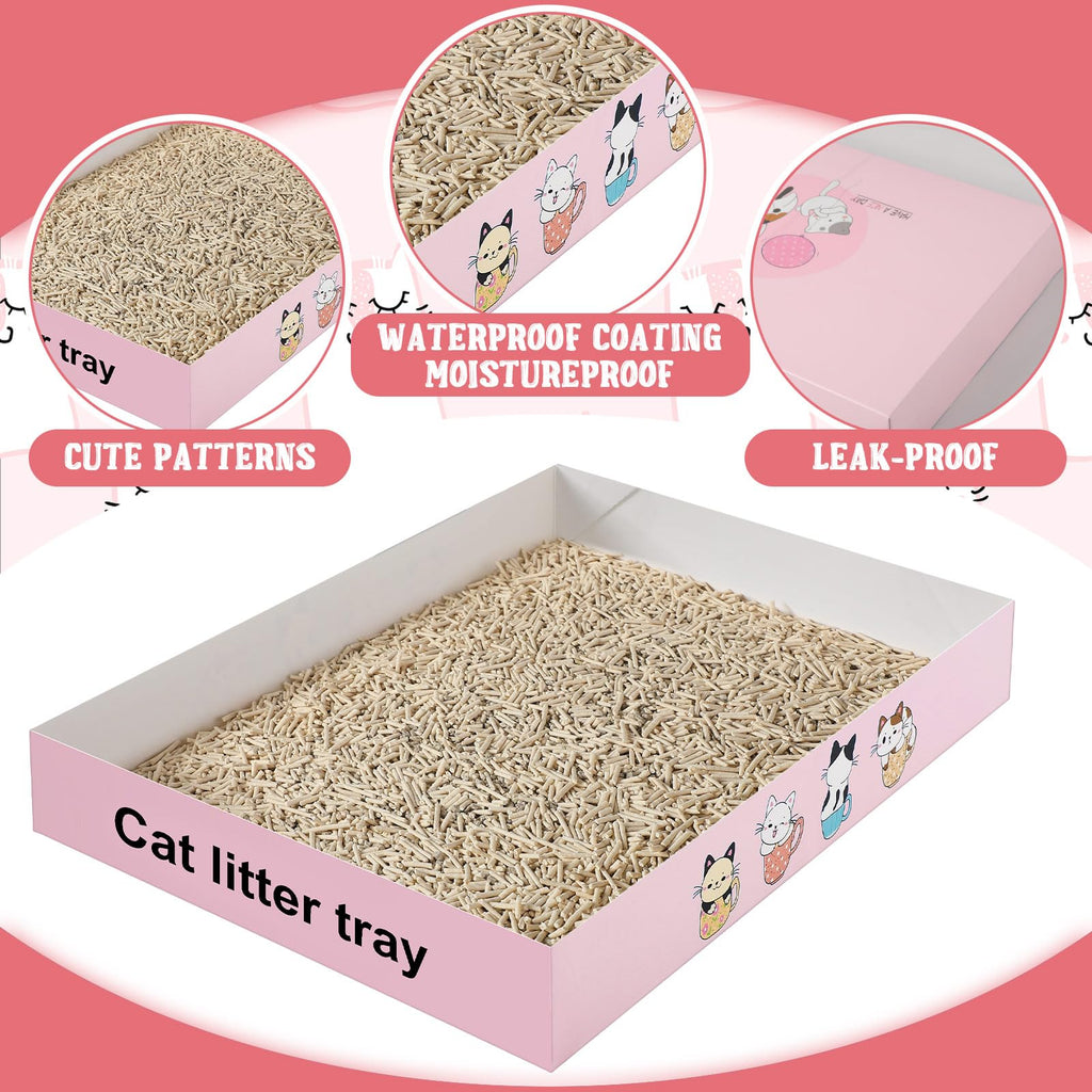 Roshtia 30 Pcs Disposable Cat Litter Box Foldable Paper Kitty Tray 13.8 x 10 x 2 Inch Portable Kitten Boxes Low Entry Waterproof Lightweight Cardboard(Meow,Blue)