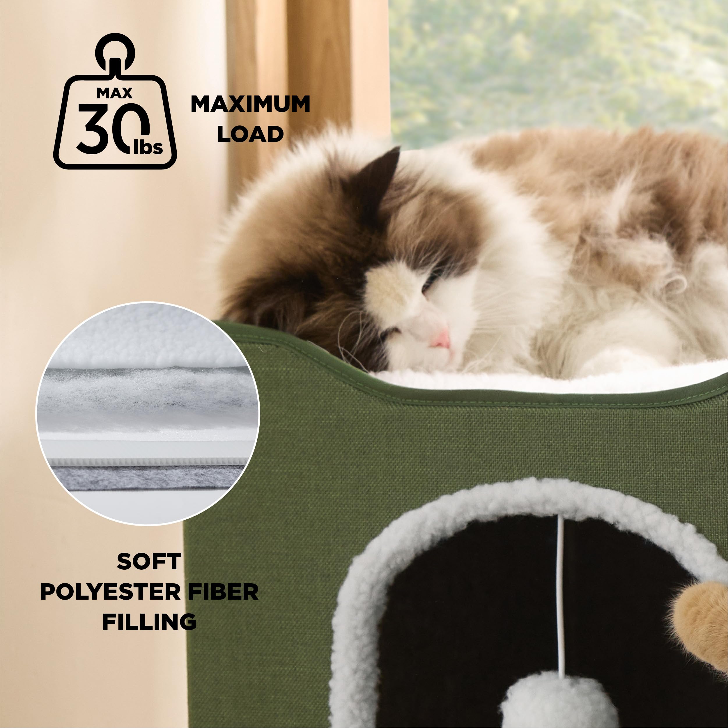 Bedsure Cat Beds for Indoor Cats - Large Cat Cave for Pet Cat House with Fluffy Ball Hanging and Scratch Pad, Foldable Cat Hideaway, 16.5x16.5x13 inches, Grey