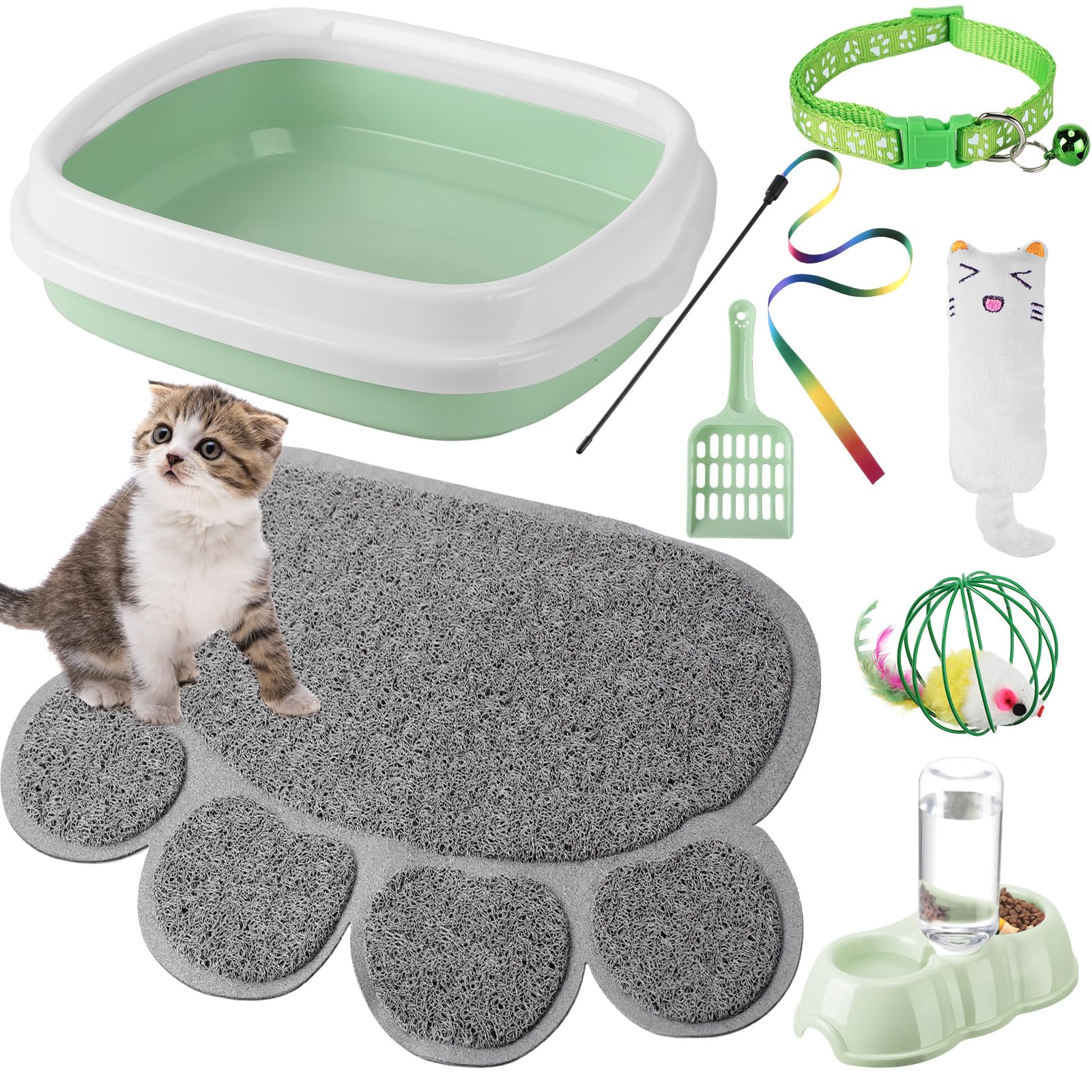 7 Pcs Small Cat Kitten Starter Kit Cat Litter Box with Shovel Paw Litter Mat Double Automatic Kitten Bowls Toy Teaser Stick Collar Essentials Kits for 1-3 Lbs Beginner(Simple,Blue)