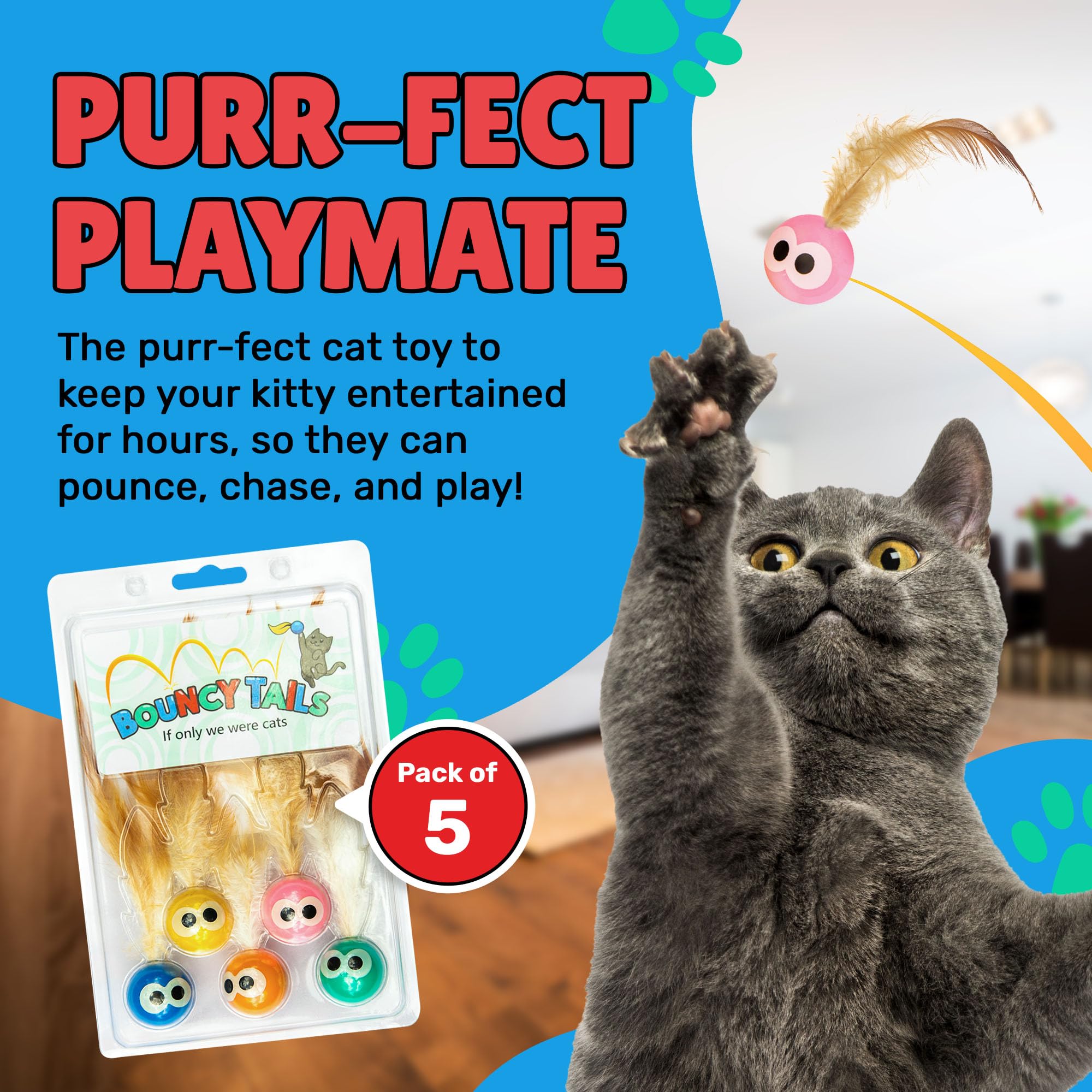 Bouncy Tails 5 Pack Interactive Bouncy Ball with Natural Feathers for Indoor Cats and Kittens who Love to Play and Have Fun.