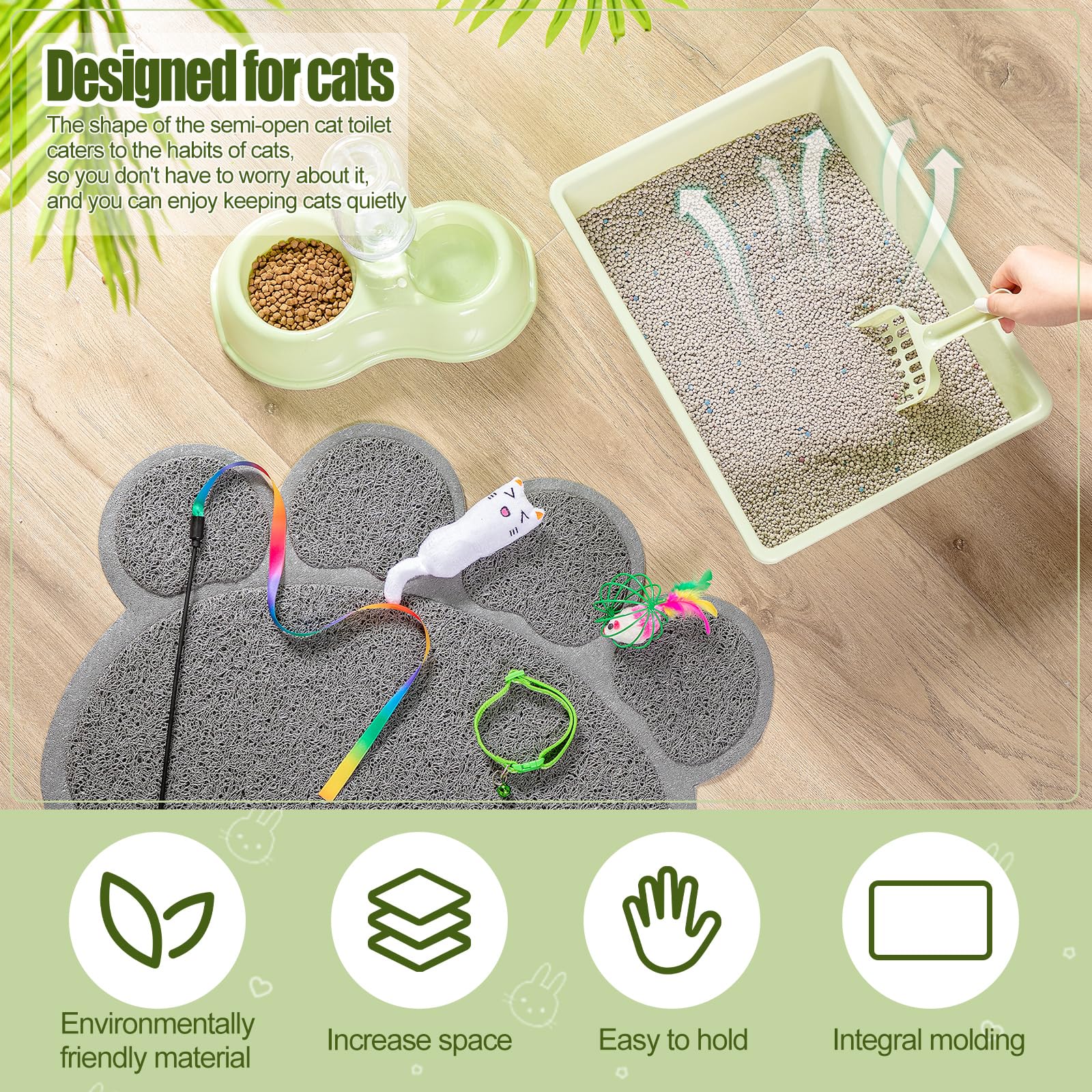 7 Pcs Small Cat Kitten Starter Kit Cat Litter Box with Shovel Paw Litter Mat Double Automatic Kitten Bowls Toy Teaser Stick Collar Essentials Kits for 1-3 Lbs Beginner(Simple,Blue)