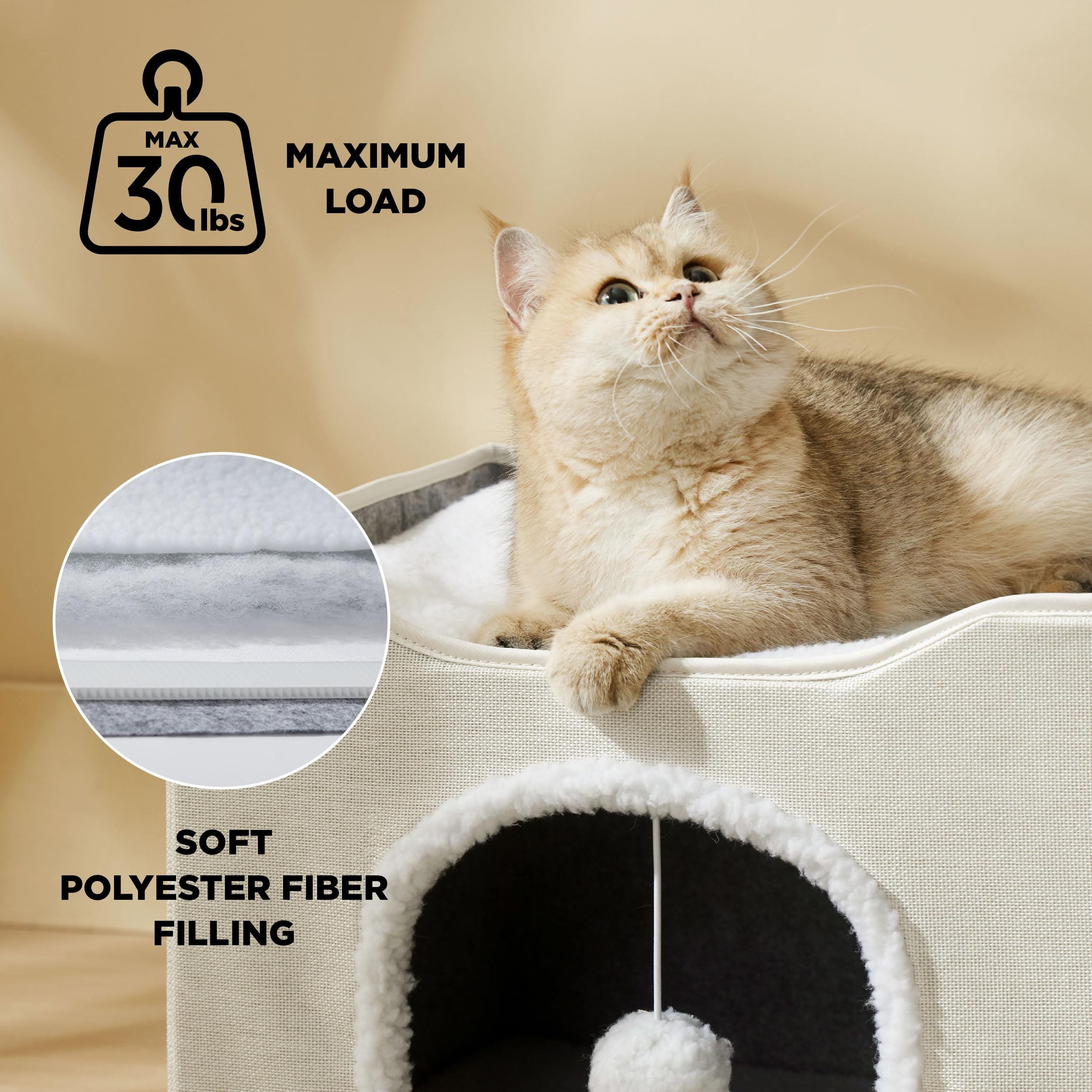 Bedsure Cat Beds for Indoor Cats - Large Cat Cave for Pet Cat House with Fluffy Ball Hanging and Scratch Pad, Foldable Cat Hideaway, 16.5x16.5x13 inches, Grey