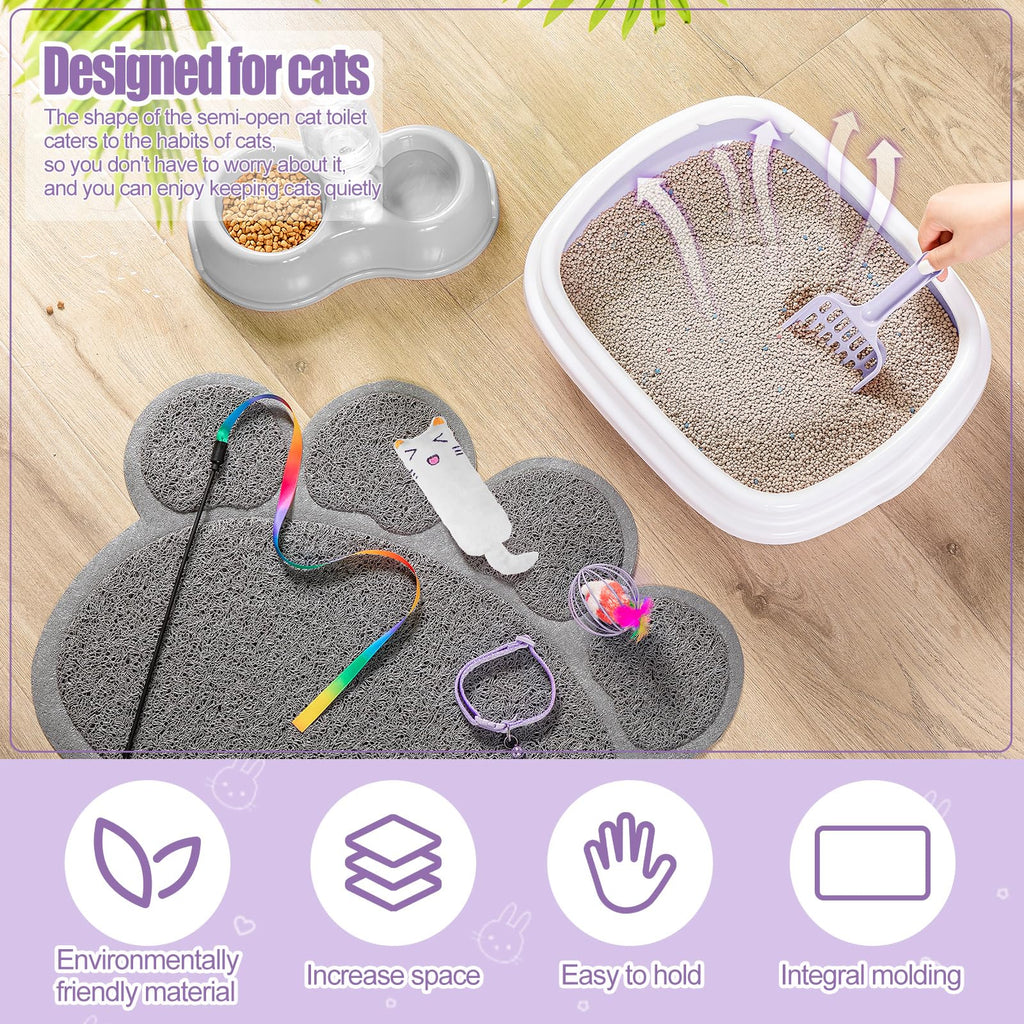 7 Pcs Small Cat Kitten Starter Kit Cat Litter Box with Shovel Paw Litter Mat Double Automatic Kitten Bowls Toy Teaser Stick Collar Essentials Kits for 1-3 Lbs Beginner(Simple,Blue)