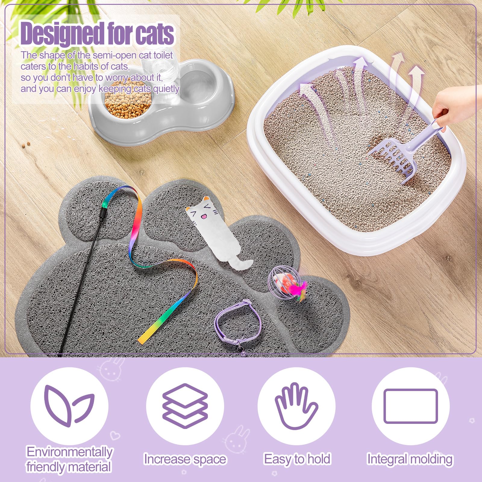 7 Pcs Small Cat Kitten Starter Kit Cat Litter Box with Shovel Paw Litter Mat Double Automatic Kitten Bowls Toy Teaser Stick Collar Essentials Kits for 1-3 Lbs Beginner(Simple,Blue)