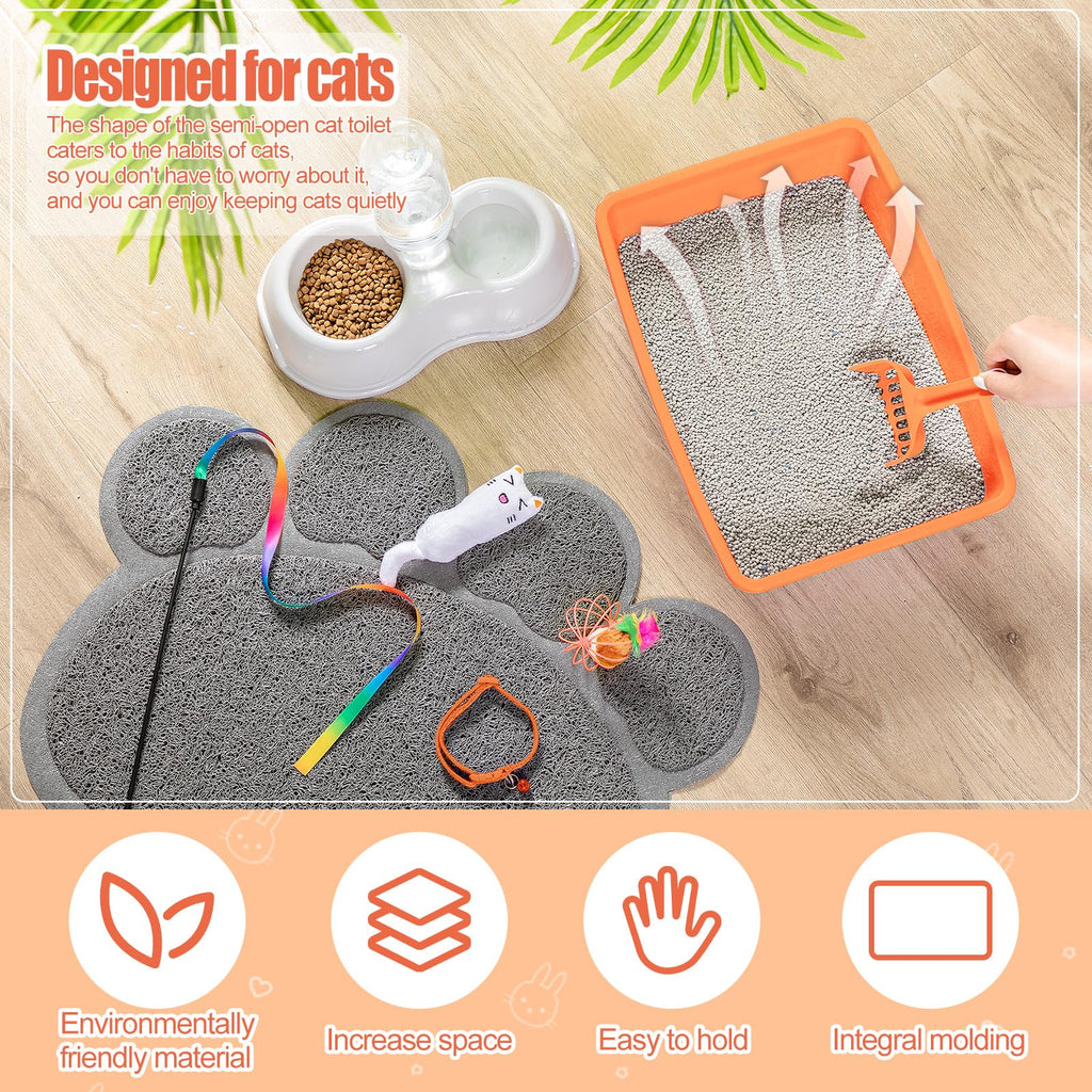 7 Pcs Small Cat Kitten Starter Kit Cat Litter Box with Shovel Paw Litter Mat Double Automatic Kitten Bowls Toy Teaser Stick Collar Essentials Kits for 1-3 Lbs Beginner(Simple,Blue)