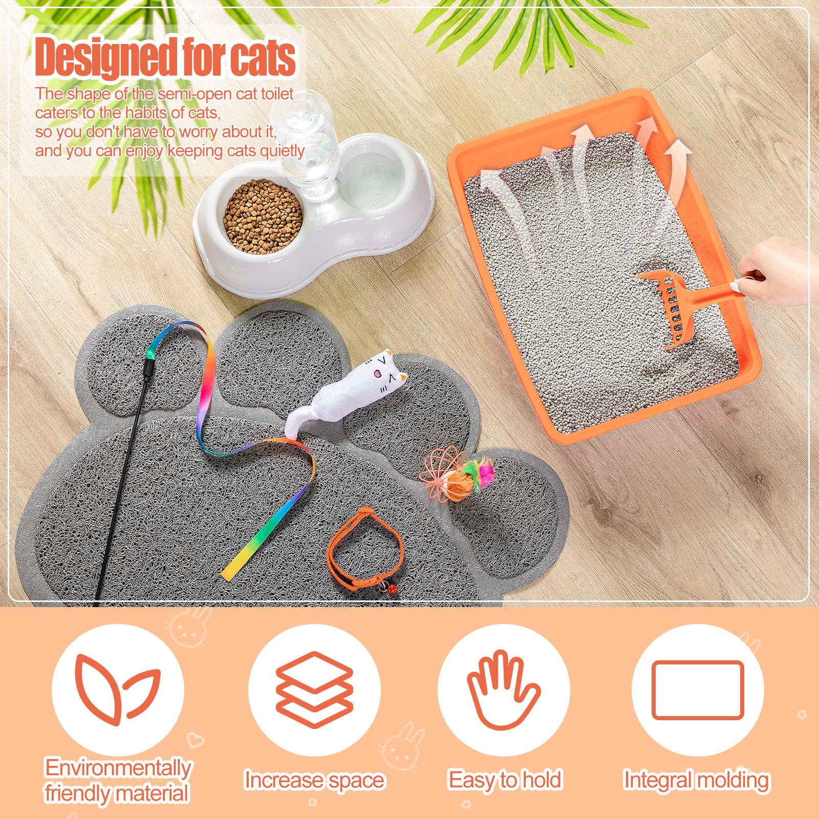 7 Pcs Small Cat Kitten Starter Kit Cat Litter Box with Shovel Paw Litter Mat Double Automatic Kitten Bowls Toy Teaser Stick Collar Essentials Kits for 1-3 Lbs Beginner(Simple,Blue)